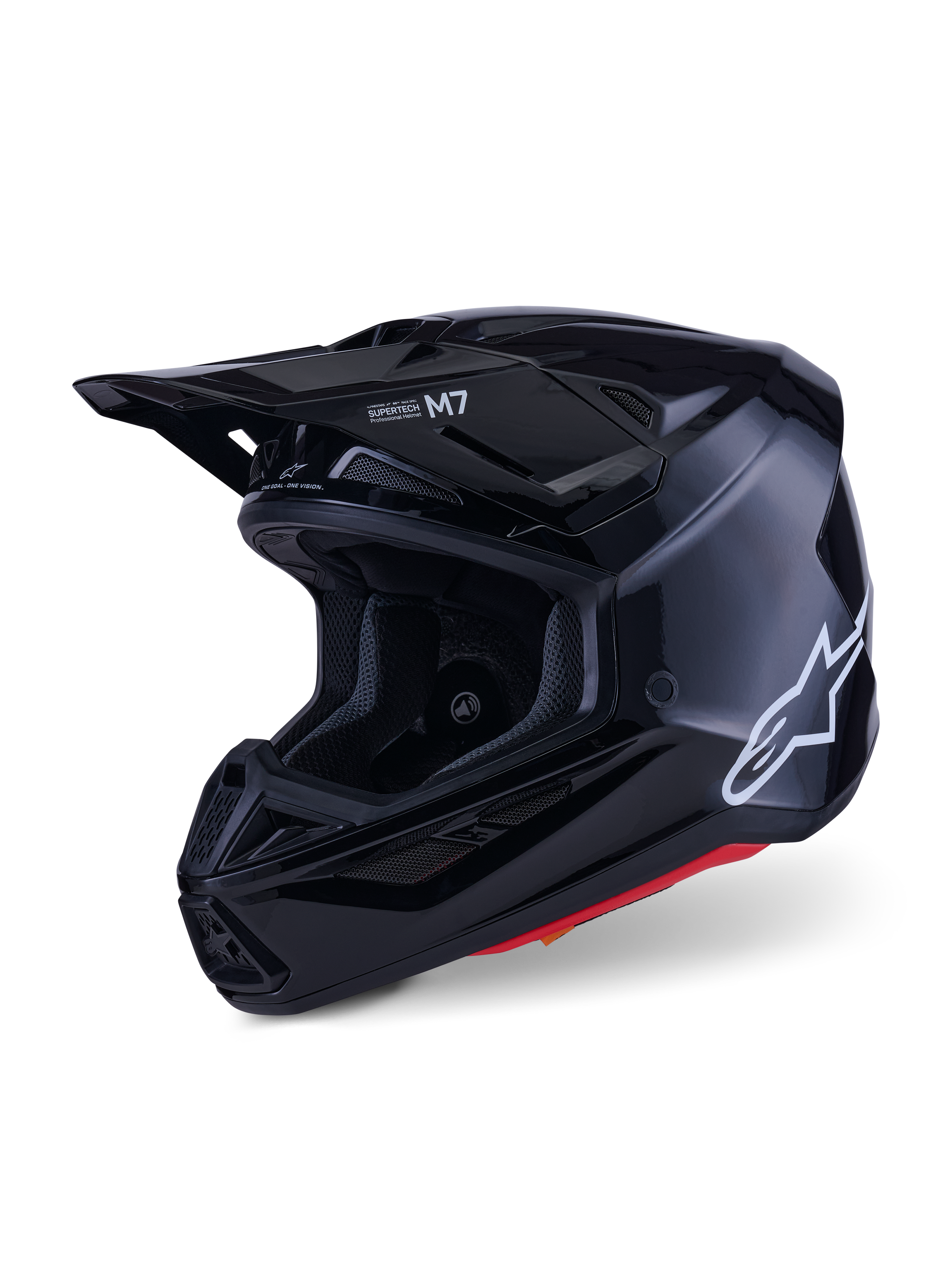 Casco Alpinestars S-M7 Solid, casco da motocross, nero lucido, con logo Alpinestars bianco sul lato, visiera aerodinamica e diverse prese d'aria per la protezione nelle gare fuoristrada