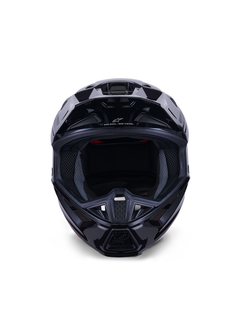 Alpinestars S-M7 Solid Helmet ECE 22.06, casco da motocross, nero lucido, vista frontale che mette in risalto la calotta aerodinamica in composito, le prese d'aria sulla mentoniera e l'imbottitura interna in mesh, finitura lineare per gare fuoristrada