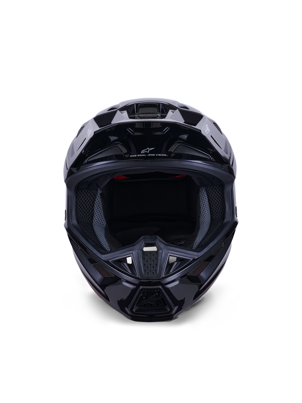 Alpinestars S-M7 Solid Helmet ECE 22.06, casco da motocross, nero lucido, vista frontale che mette in risalto la calotta aerodinamica in composito, le prese d'aria sulla mentoniera e l'imbottitura interna in mesh, finitura lineare per gare fuoristrada
