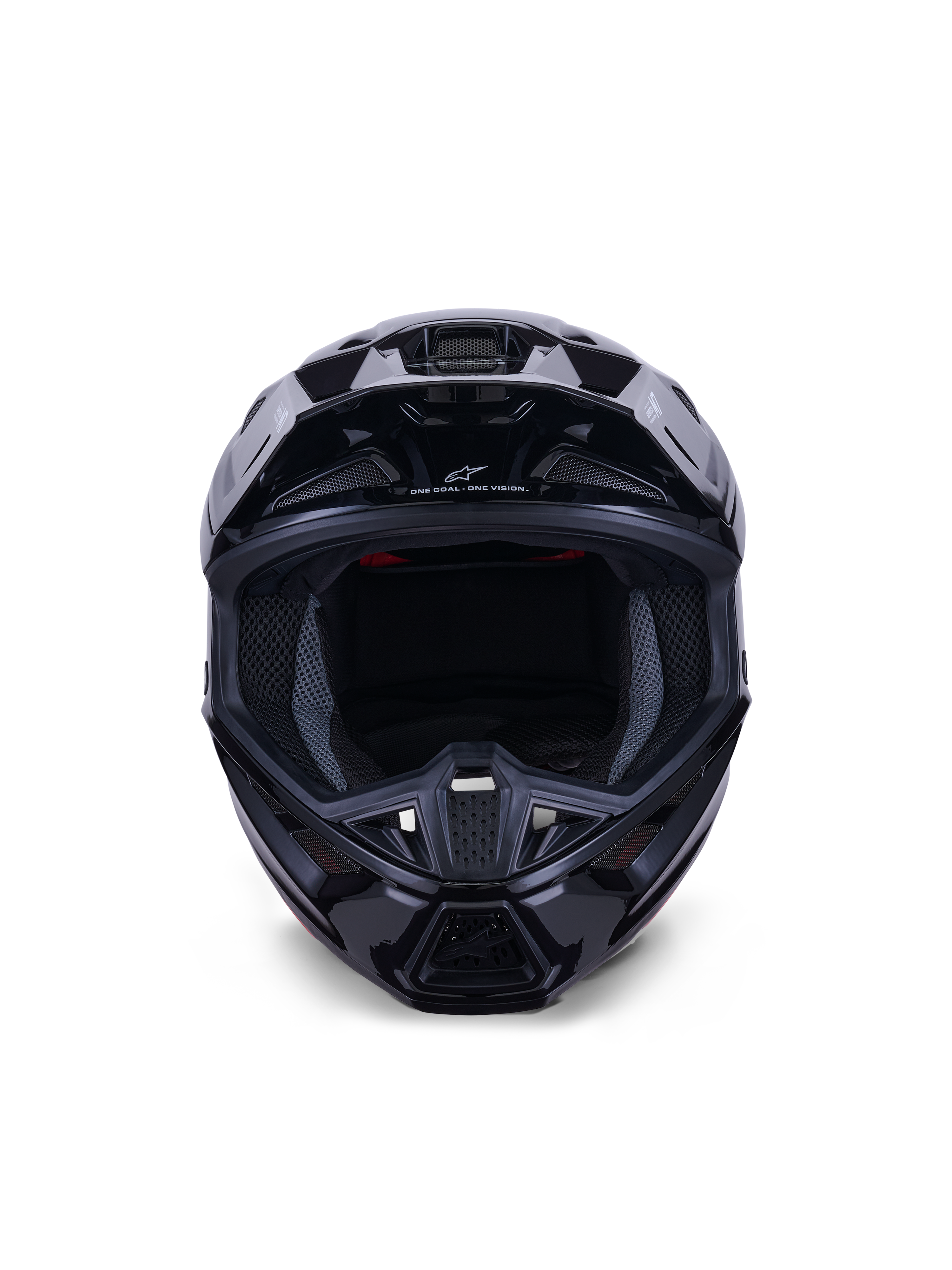 Alpinestars S-M7 Solid Helmet ECE 22.06, casco da motocross, nero lucido, vista frontale che mette in risalto la calotta aerodinamica in composito, le prese d'aria sulla mentoniera e l'imbottitura interna in mesh, finitura lineare per gare fuoristrada