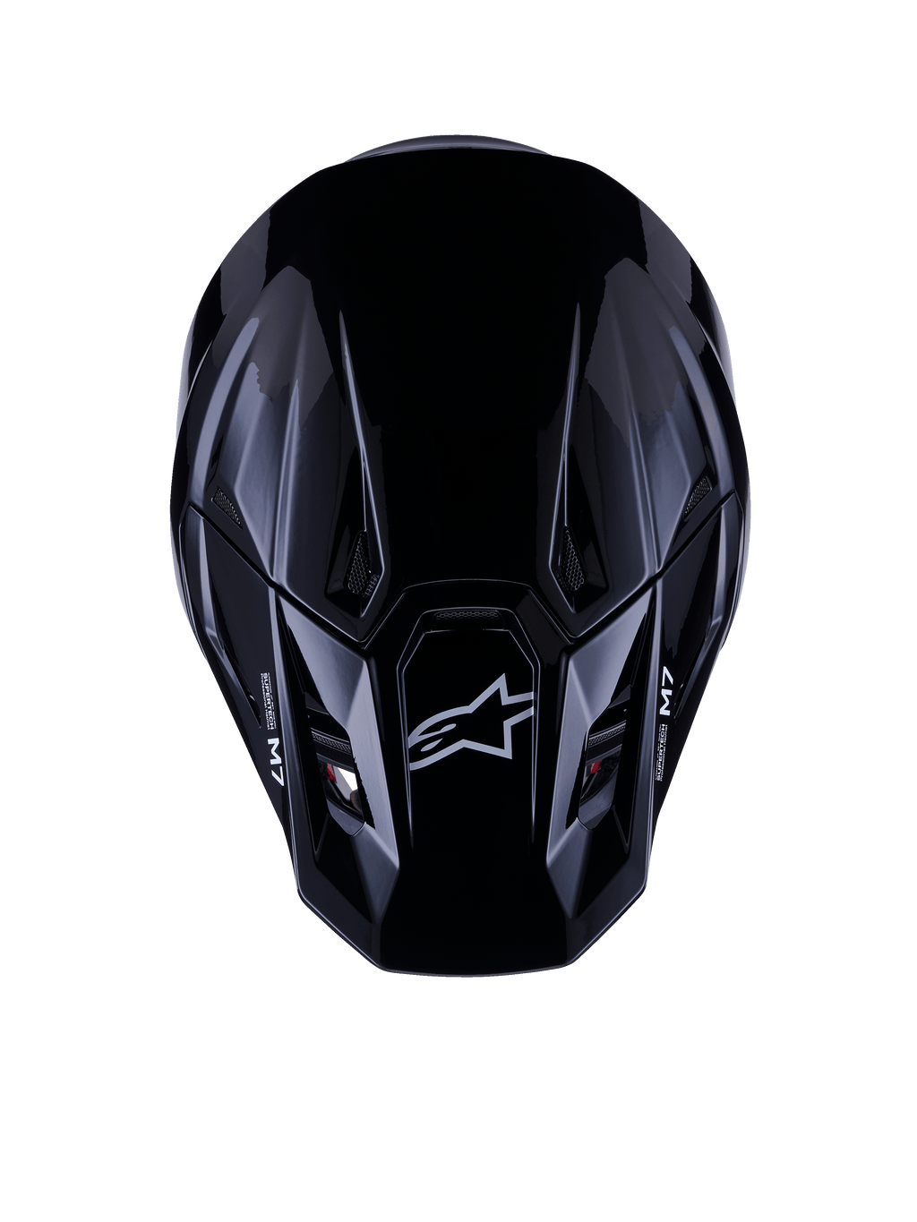 Alpinestars S-M7 Solid Helmet ECE 22.06, casco da motocross, nero lucido, vista dall'alto che mostra la calotta aerodinamica in materiale composito con logo Astars e marchio M7, design elegante con prese di ventilazione per prestazioni da competizione off-road