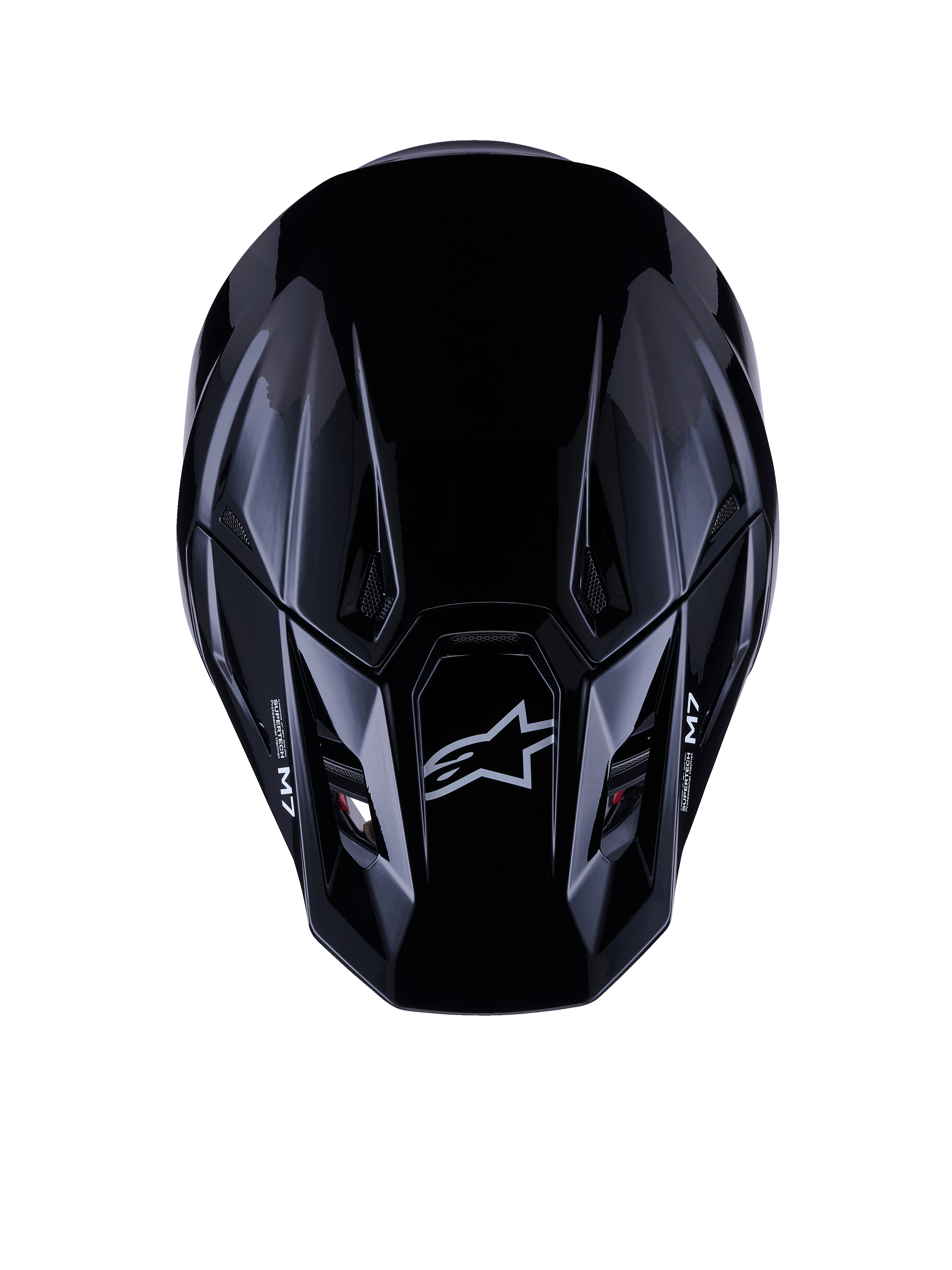 Alpinestars S-M7 Solid Helmet ECE 22.06, casco da motocross, nero lucido, vista dall'alto che mostra la calotta aerodinamica in materiale composito con logo Astars e marchio M7, design elegante con prese di ventilazione per prestazioni da competizione off-road