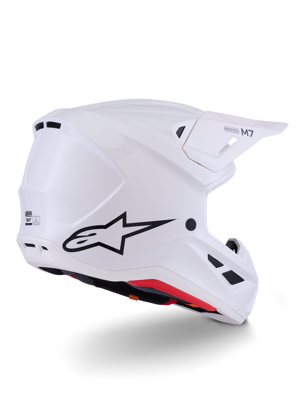 Alpinestars S-M7 Solid Helmet ECE 22.06, casco da motocross, bianco lucido, design integrale off-road, calotta aerodinamica profilata con molteplici prese d'aria, visiera nera, protezione ad alte prestazioni per motocross e gare off-road