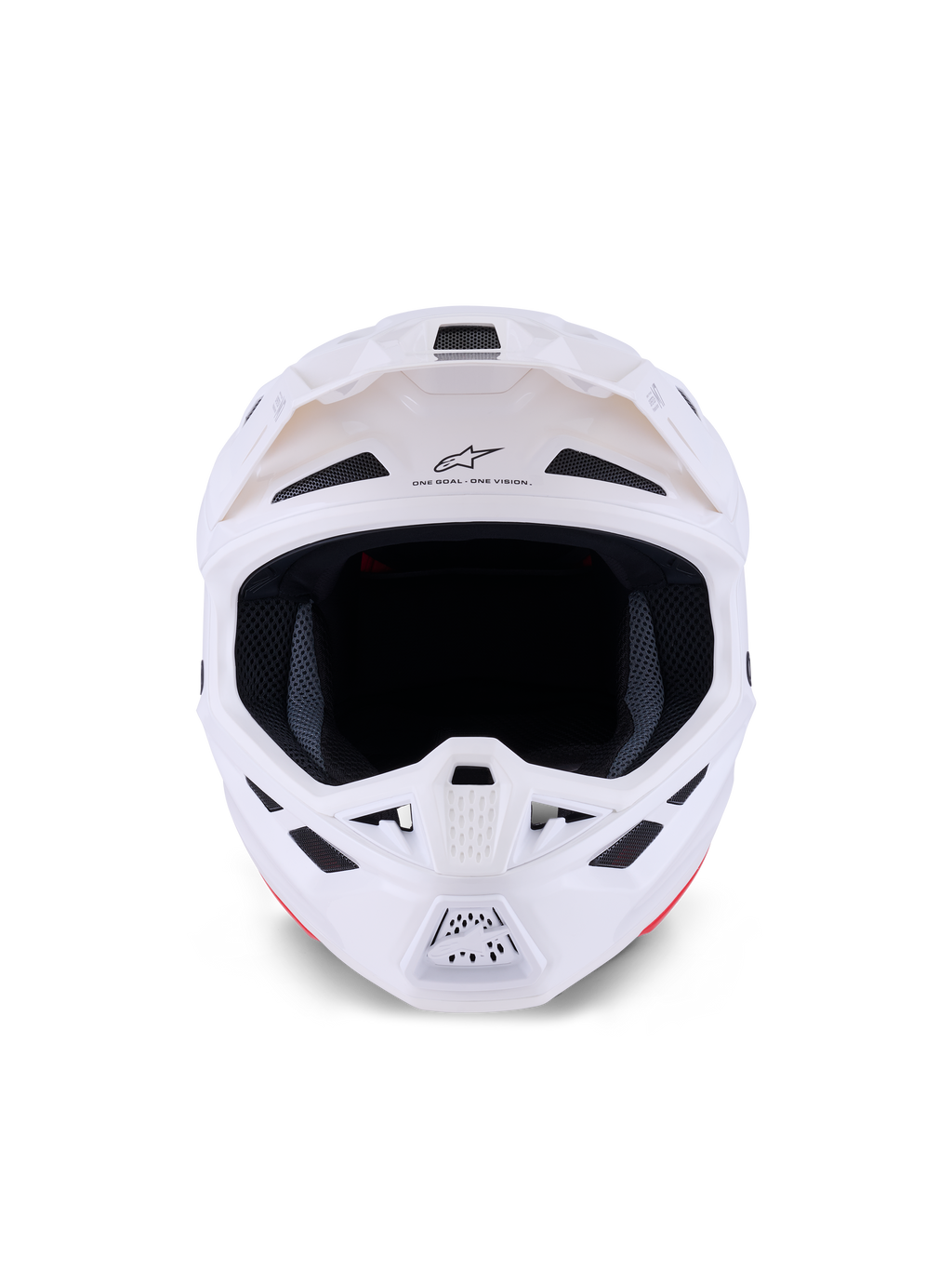 Alpinestars S-M7 Solid Helmet, casco da motocross, bianco lucido, vista frontale con prese d'aria e mentoniera, design aerodinamico della calotta in composito per gare off-road