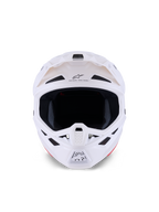 Alpinestars S-M7 Solid Helmet, casco da motocross, bianco lucido, vista frontale con prese d'aria e mentoniera, design aerodinamico della calotta in composito per gare off-road