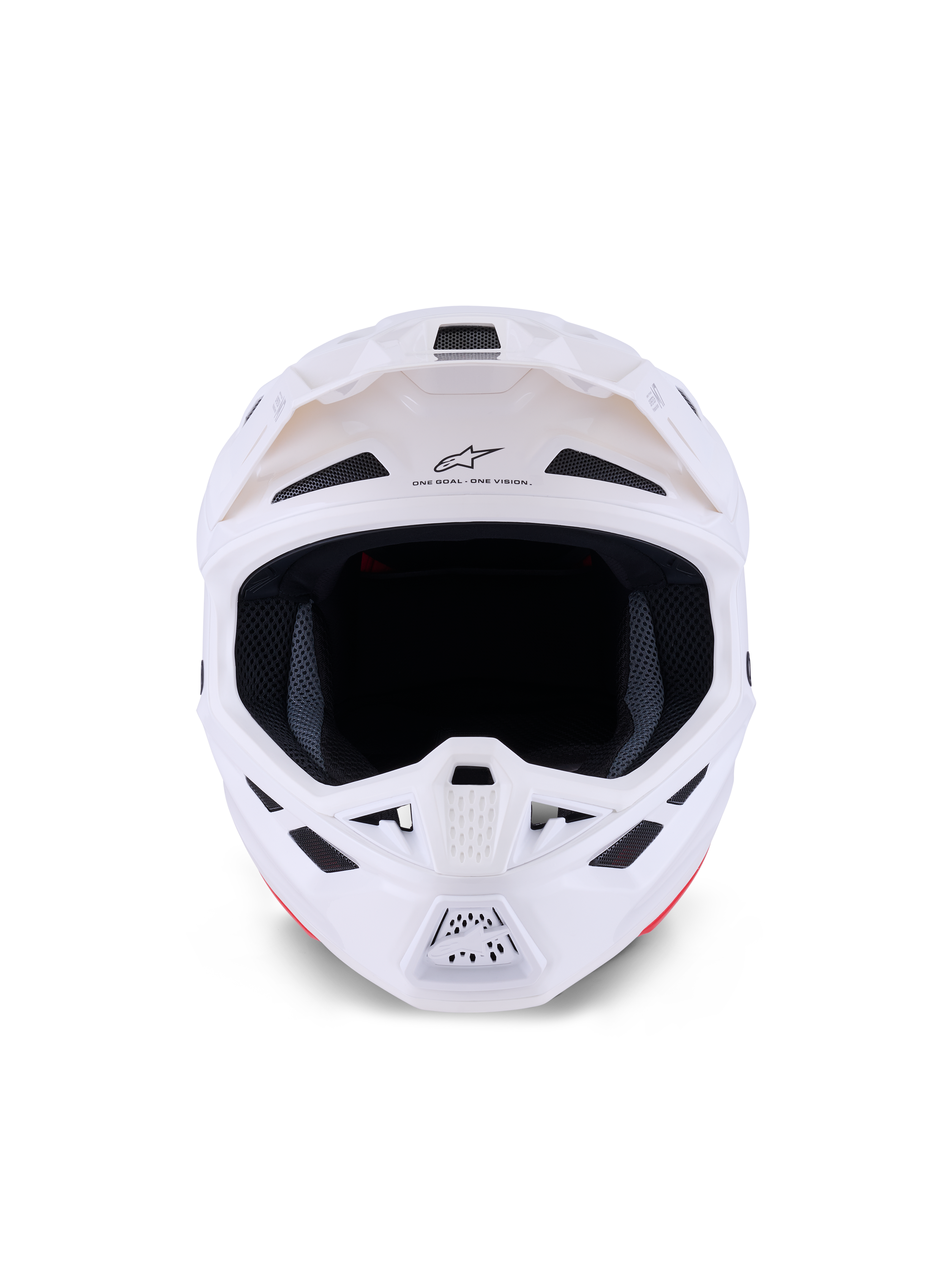 Alpinestars S-M7 Solid Helmet, casco da motocross, bianco lucido, vista frontale con prese d'aria e mentoniera, design aerodinamico della calotta in composito per gare off-road