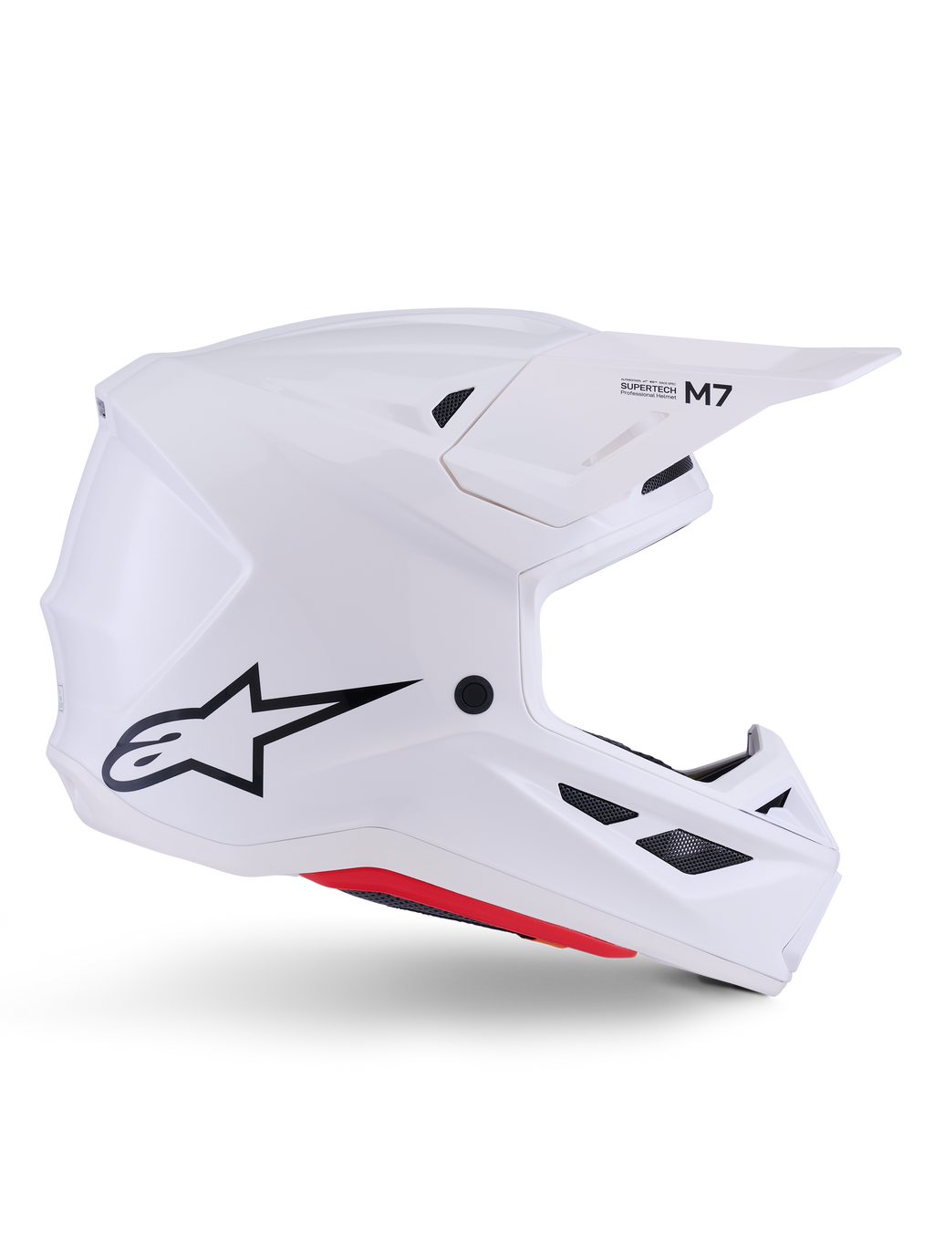 Alpinestars Casco S-M7 Solid ECE 22.06, casco da motocross, bianco lucido, design aerodinamico e angolare con griglie di ventilazione nere, con logo a stella nero e marchio M7, protezione professionale per corse off-road