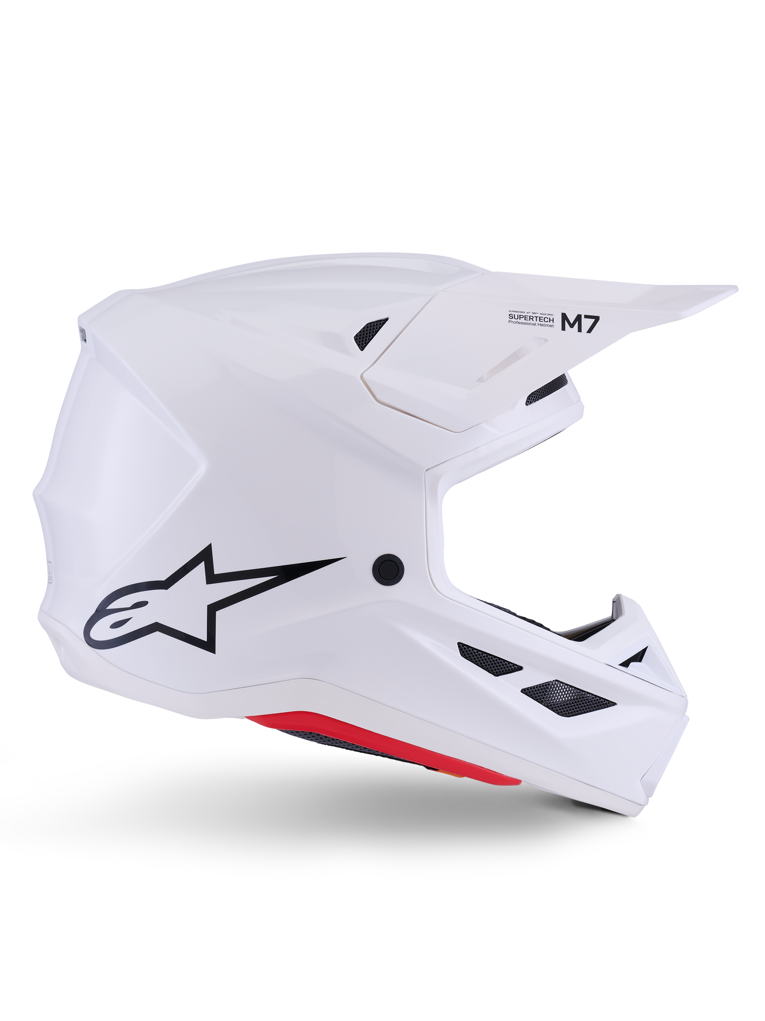 Alpinestars Casco S-M7 Solid ECE 22.06, casco da motocross, bianco lucido, design aerodinamico e angolare con griglie di ventilazione nere, con logo a stella nero e marchio M7, protezione professionale per corse off-road