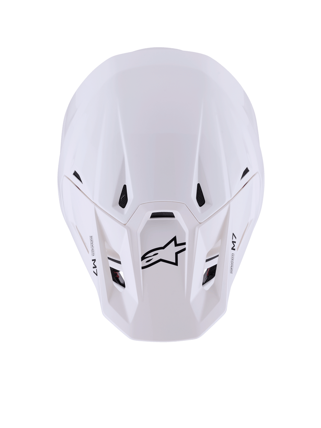 Casco Alpinestars S-M7 Solid, casco da motocross, bianco lucido, vista dall'alto con calotta aerodinamica profilata, prese d'aria nere, logo Astar nero e marchio M7 sul frontino, equipaggiamento da gara off-road ad alte prestazioni