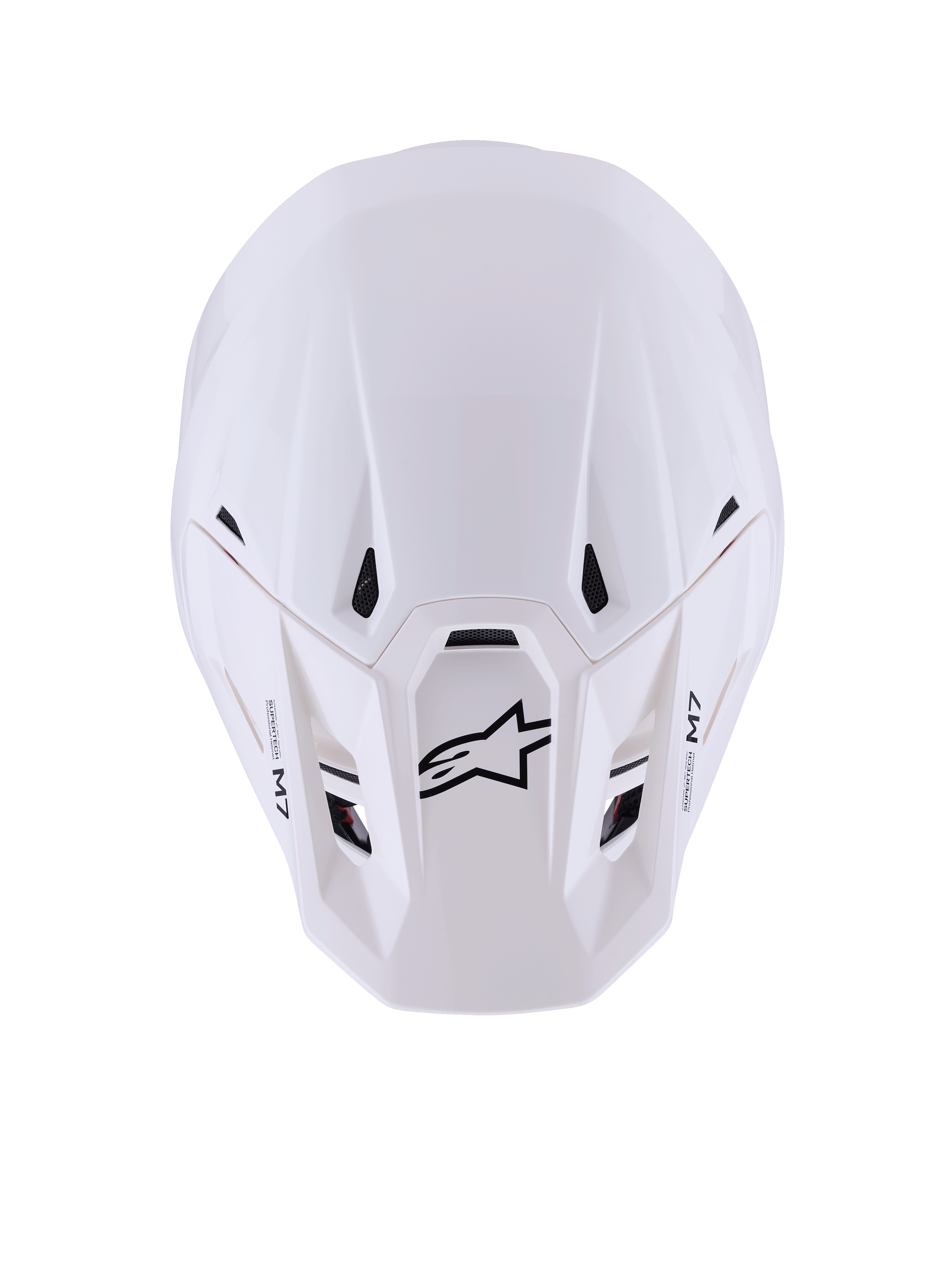 Casco Alpinestars S-M7 Solid, casco da motocross, bianco lucido, vista dall'alto con calotta aerodinamica profilata, prese d'aria nere, logo Astar nero e marchio M7 sul frontino, equipaggiamento da gara off-road ad alte prestazioni