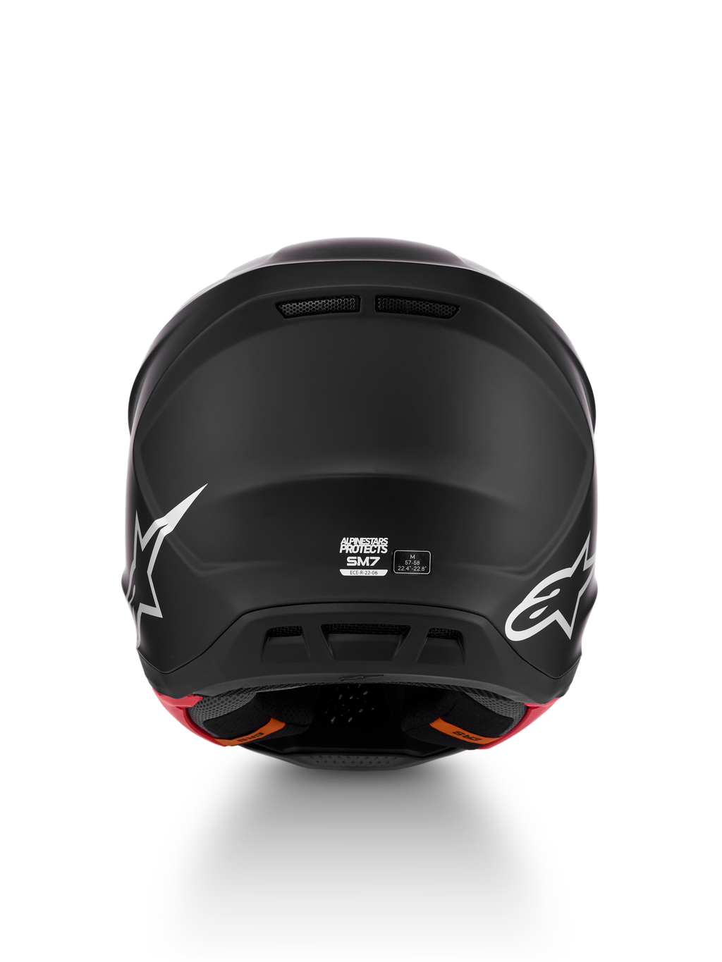 Alpinestars casco S-M7 Solid ECE06, vista posteriore, casco motocross nero opaco, taglia M, certificato ECE 22.06