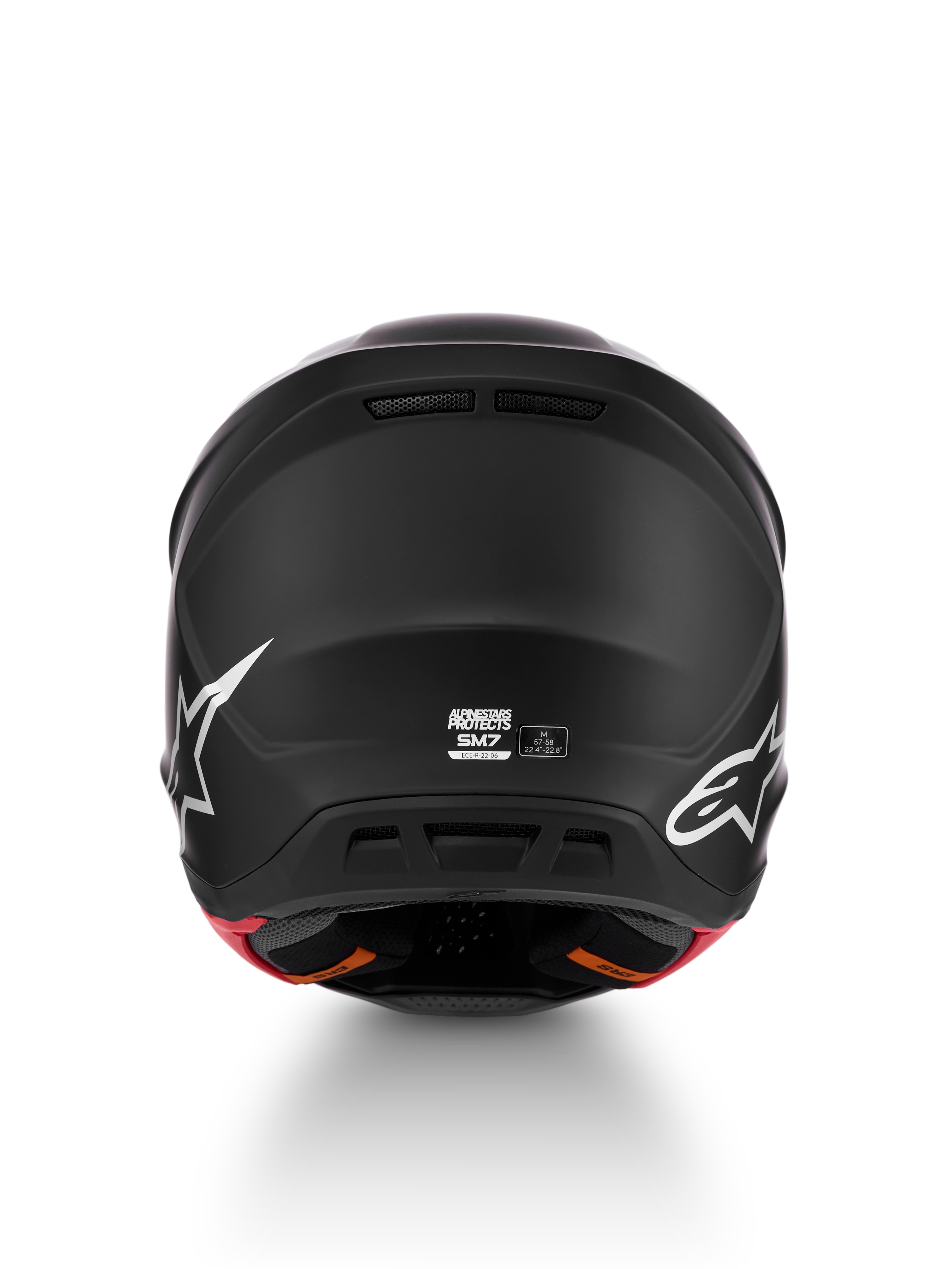 Alpinestars casco S-M7 Solid ECE06, vista posteriore, casco motocross nero opaco, taglia M, certificato ECE 22.06