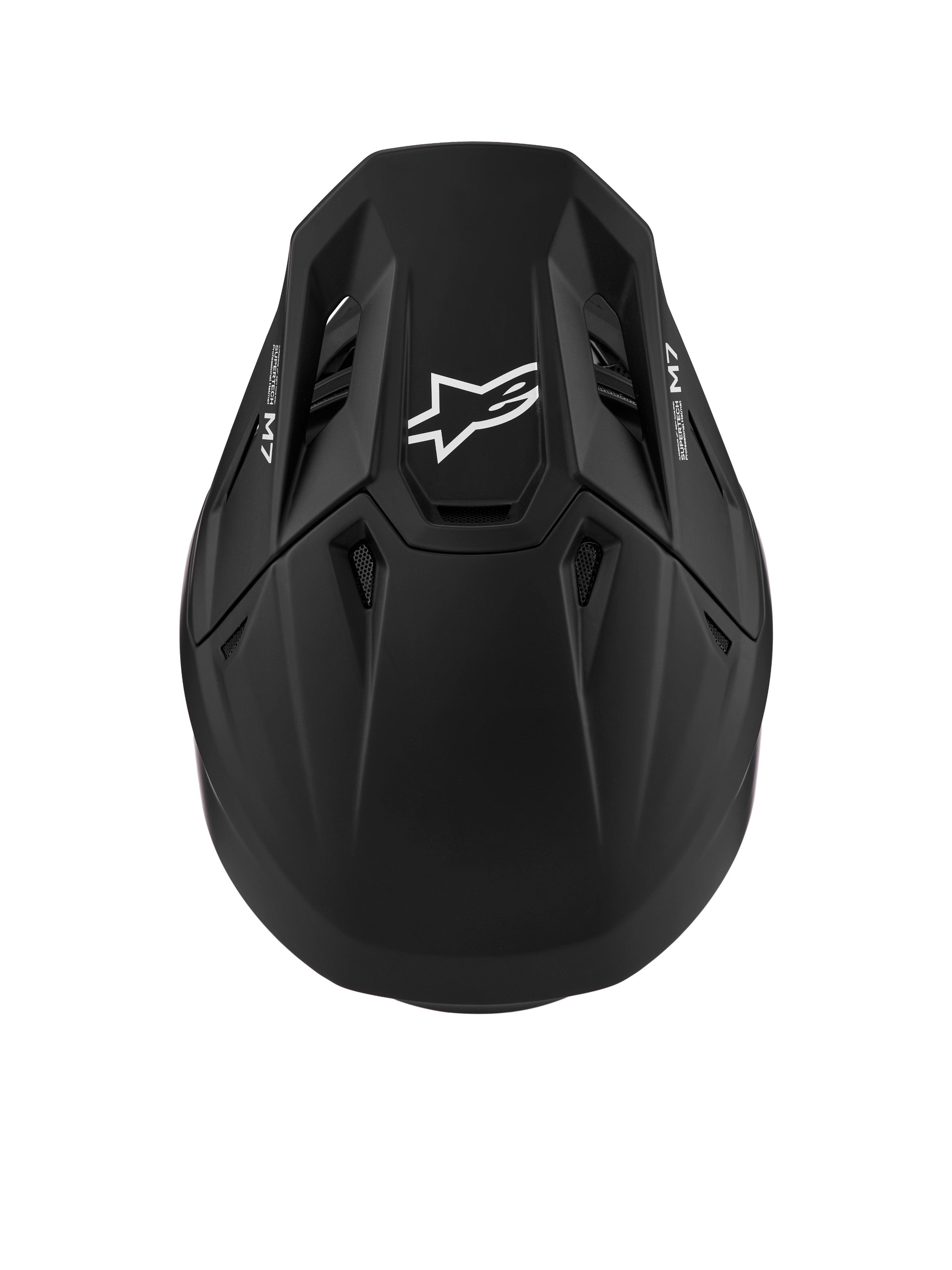 Casco Alpinestars S-M7 Solid ECE06 nero opaco, casco da motocross aerodinamico certificato ECE 22.06 con logo bianco.