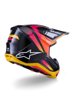 Casco Alpinestars S-M7 Rise, casco da motocross, nero, giallo e rosa lucido, vista posteriore e laterale con calotta aerodinamica in materiale composito, sfumature vivaci, loghi evidenti e prese d'aria