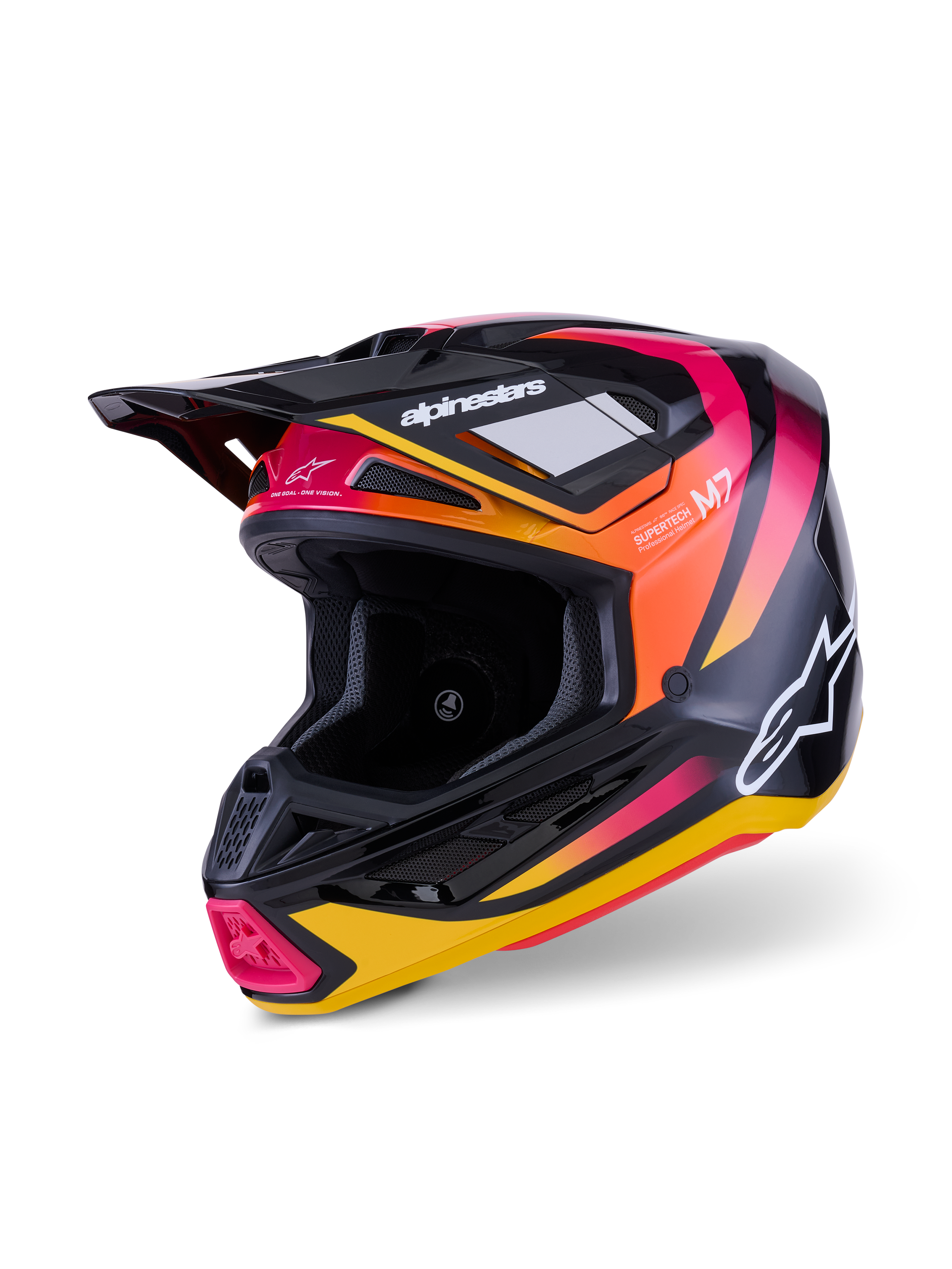 Alpinestars S-M7 Rise Helmet, casco da motocross, nero giallo e rosa lucido, caratterizzato da una calotta aerodinamica in composito con grafiche sfumate vivaci, loghi Alpinestars bianchi e numerose prese d'aria per le gare fuoristrada.