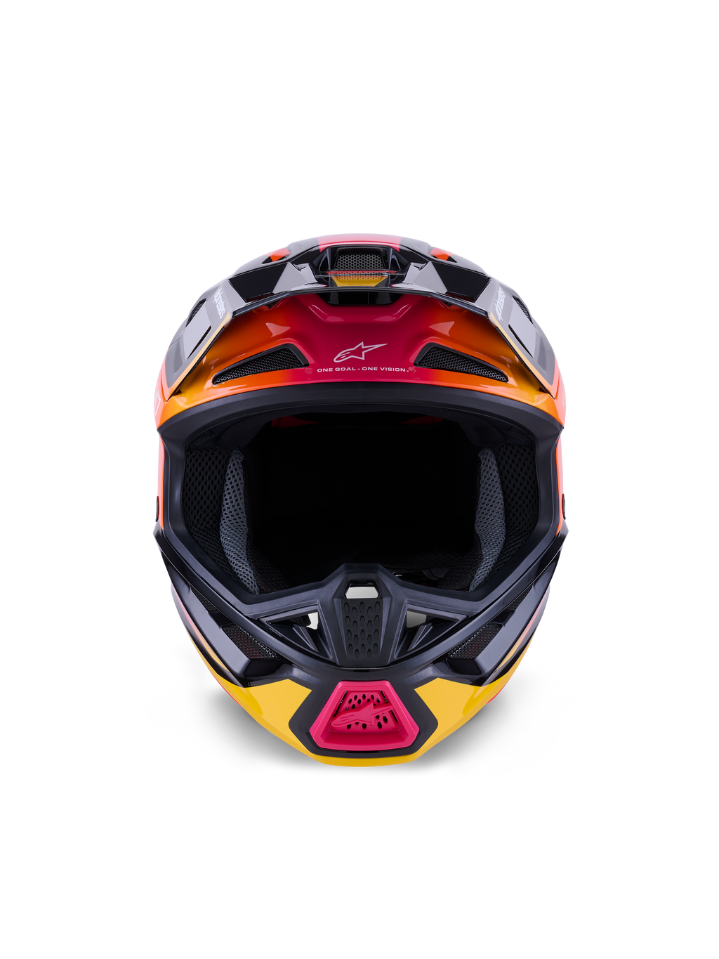 Alpinestars S-M7 Rise Helmet ECE 22.06, casco da motocross, nero, giallo e rosa lucido con sfumature arancioni, vista frontale che mostra la calotta aerodinamica in materiale composito, prese d'aria multiple con rete e branding 'One Goal. One Vision.', progettato per gare fuoristrada