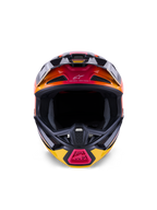 Alpinestars S-M7 Rise Helmet ECE 22.06, casco da motocross, nero, giallo e rosa lucido con sfumature arancioni, vista frontale che mostra la calotta aerodinamica in materiale composito, prese d'aria multiple con rete e branding 'One Goal. One Vision.', progettato per gare fuoristrada