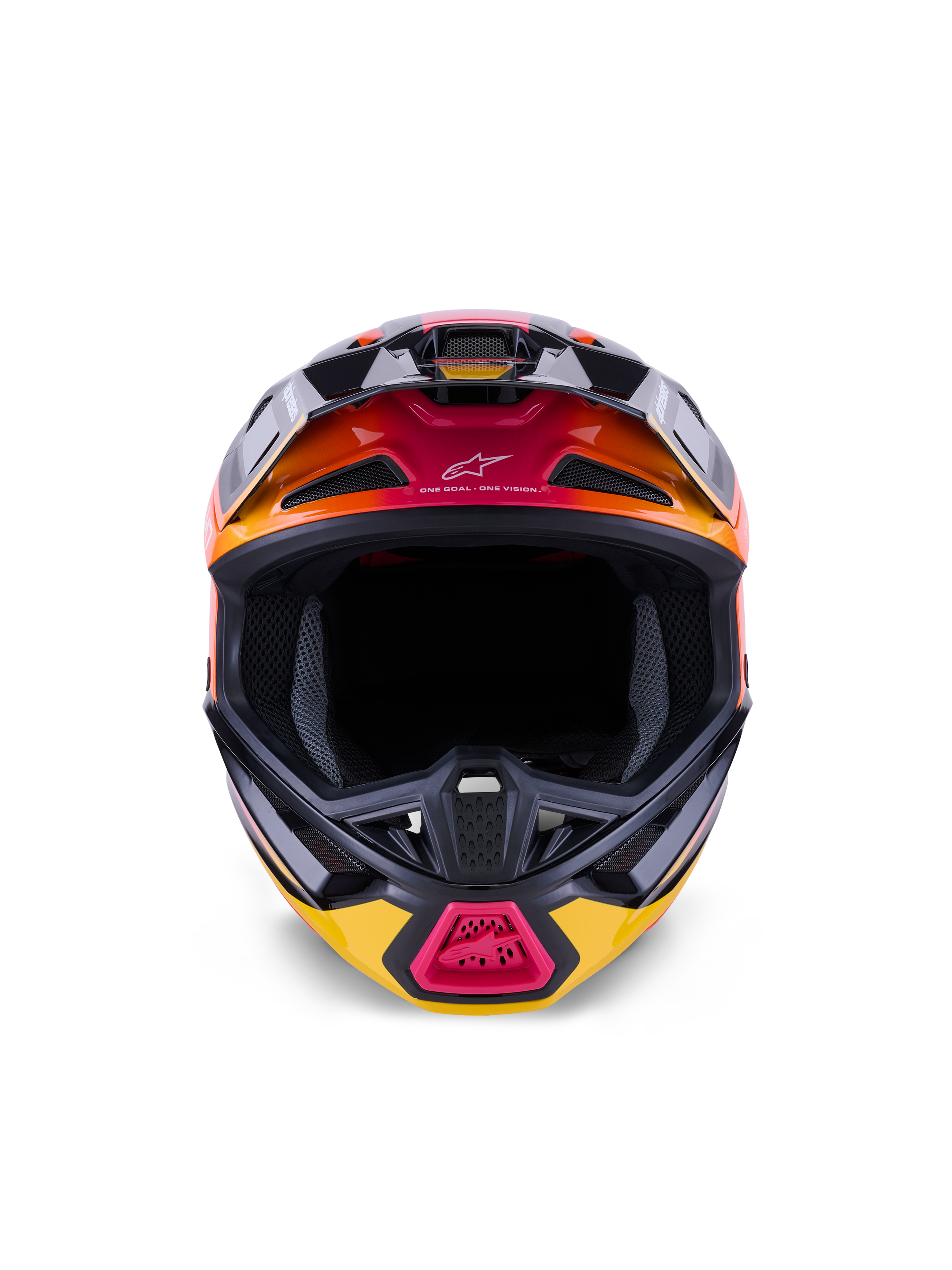 Alpinestars S-M7 Rise Helmet ECE 22.06, casco da motocross, nero, giallo e rosa lucido con sfumature arancioni, vista frontale che mostra la calotta aerodinamica in materiale composito, prese d'aria multiple con rete e branding 'One Goal. One Vision.', progettato per gare fuoristrada