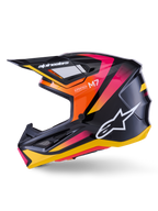Casco Alpinestars S-M7 Rise, casco da motocross, nero giallo e rosa lucido, profilo laterale con vivaci accenti sfumati arancione e rosa, logo Alpinestars bianco, design aerodinamico con visiera nera, protezione professionale per la testa per gare off-road