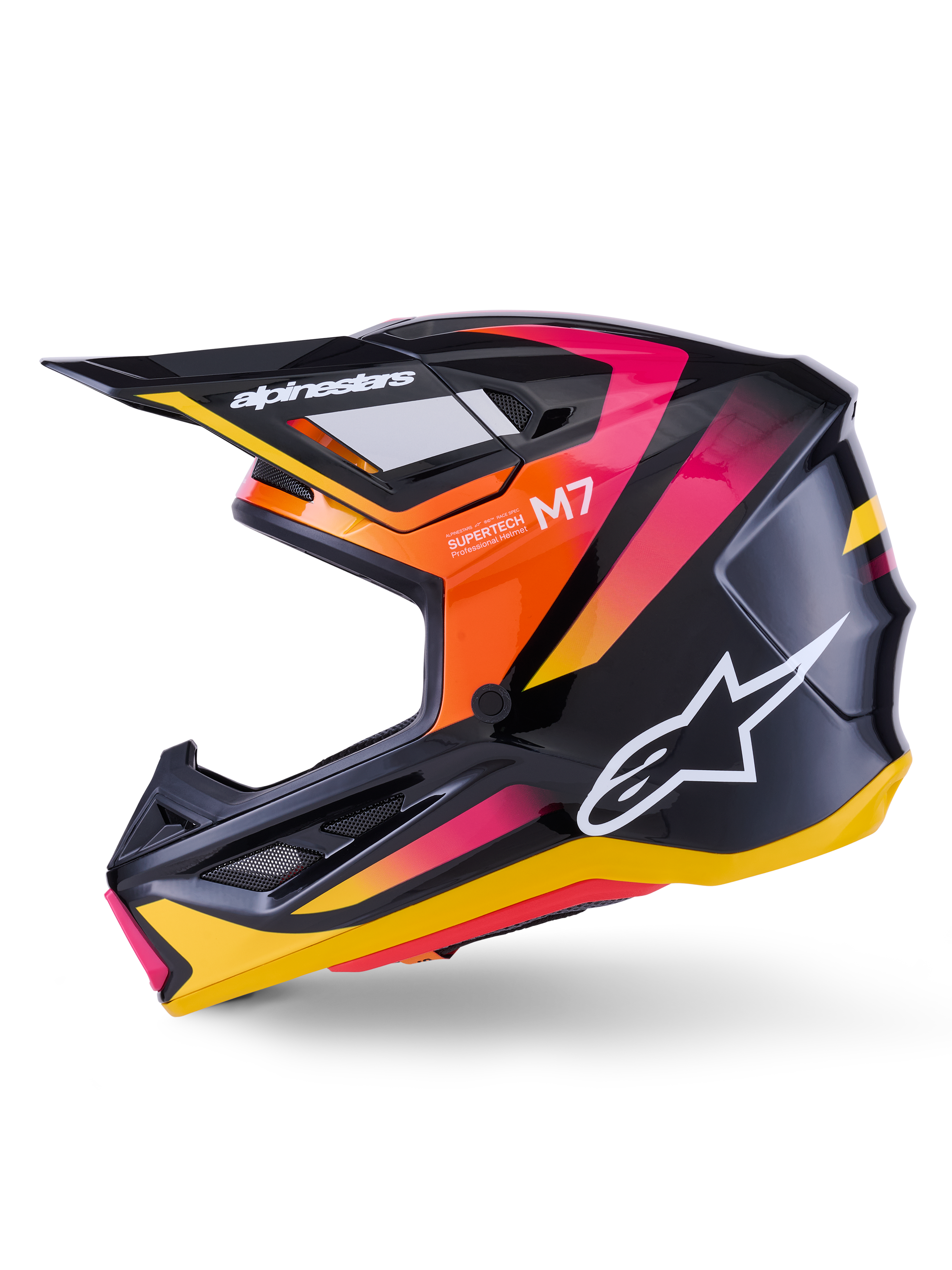 Casco Alpinestars S-M7 Rise, casco da motocross, nero giallo e rosa lucido, profilo laterale con vivaci accenti sfumati arancione e rosa, logo Alpinestars bianco, design aerodinamico con visiera nera, protezione professionale per la testa per gare off-road