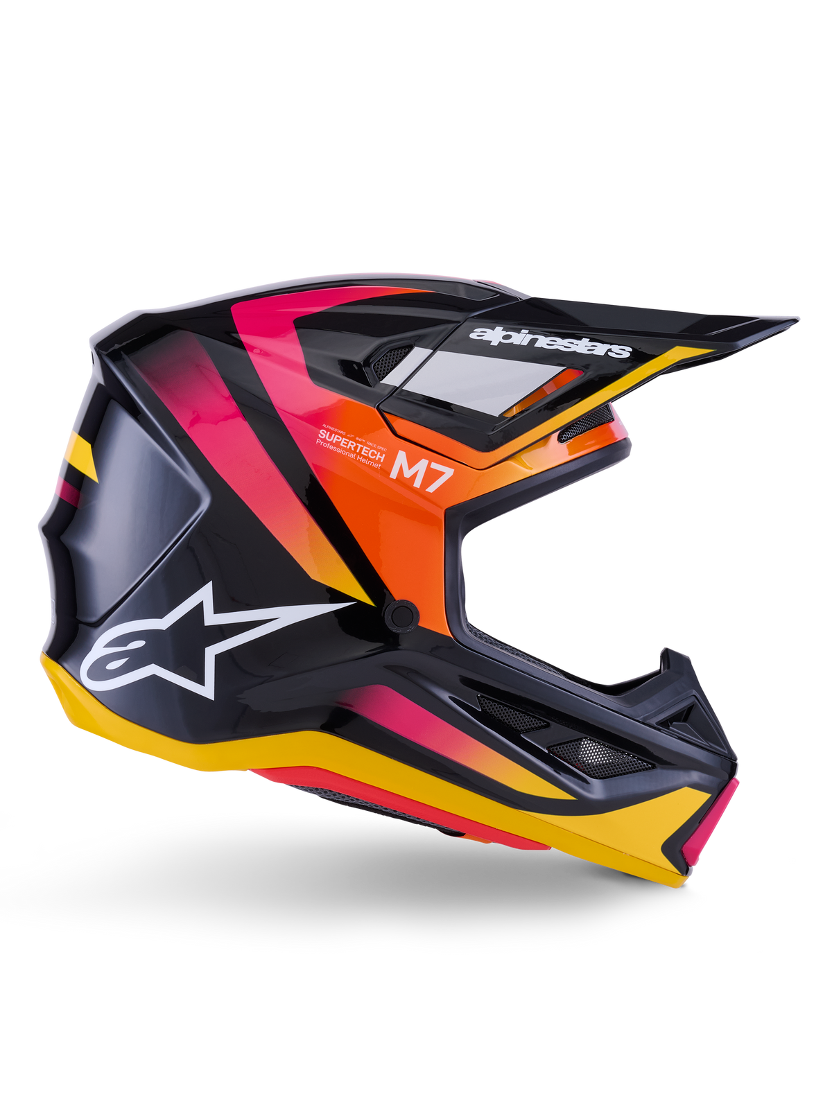 Casco Alpinestars S-M7 Rise, casco da motocross, nero lucido con grafiche rosa, arancione e giallo, vista laterale, con logo Alpinestars e visiera bianchi, calotta aerodinamica con prese d'aria integrate