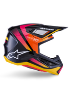 Casco Alpinestars S-M7 Rise, casco da motocross, nero lucido con grafiche rosa, arancione e giallo, vista laterale, con logo Alpinestars e visiera bianchi, calotta aerodinamica con prese d'aria integrate