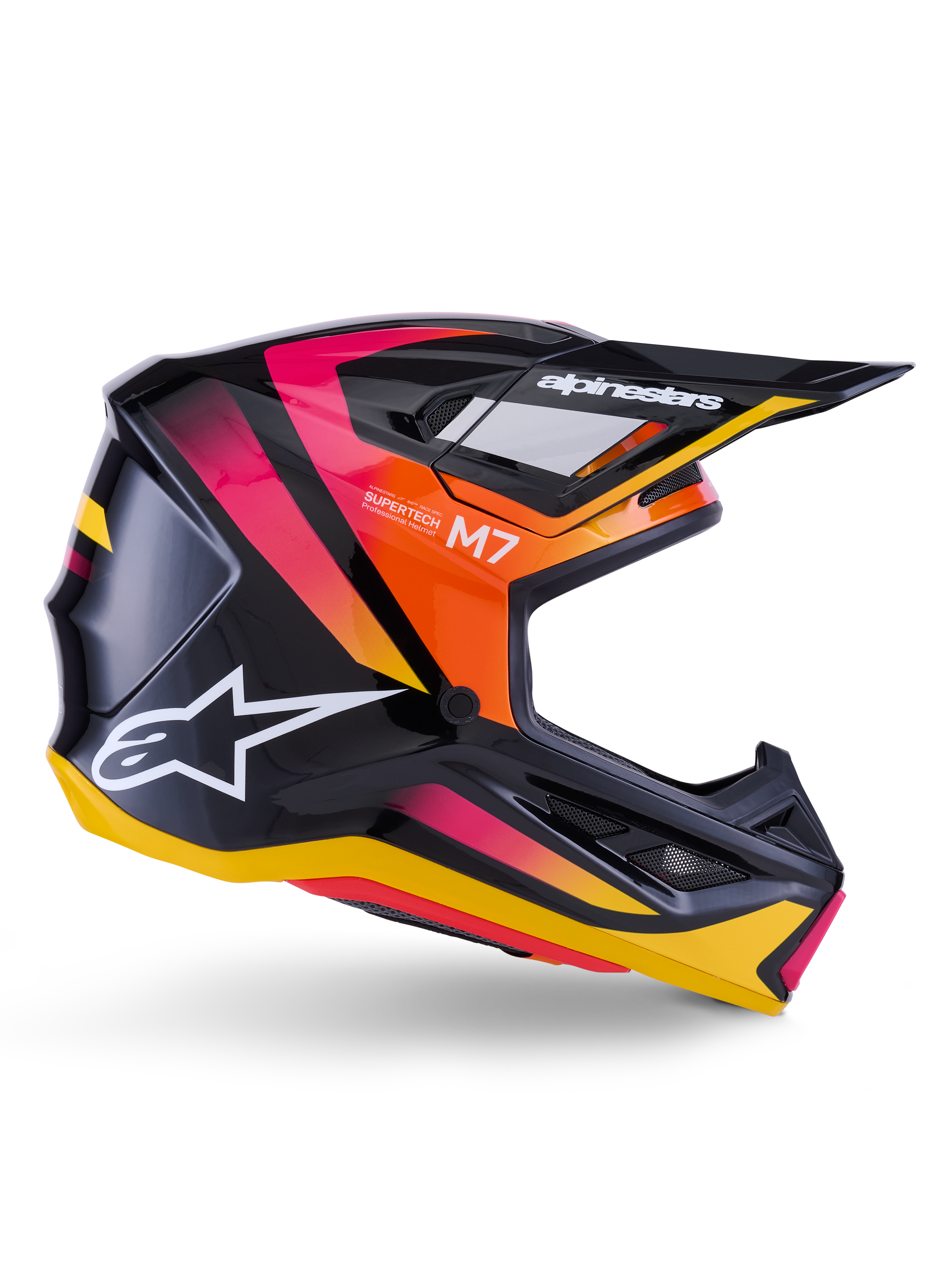 Casco Alpinestars S-M7 Rise, casco da motocross, nero lucido con grafiche rosa, arancione e giallo, vista laterale, con logo Alpinestars e visiera bianchi, calotta aerodinamica con prese d'aria integrate