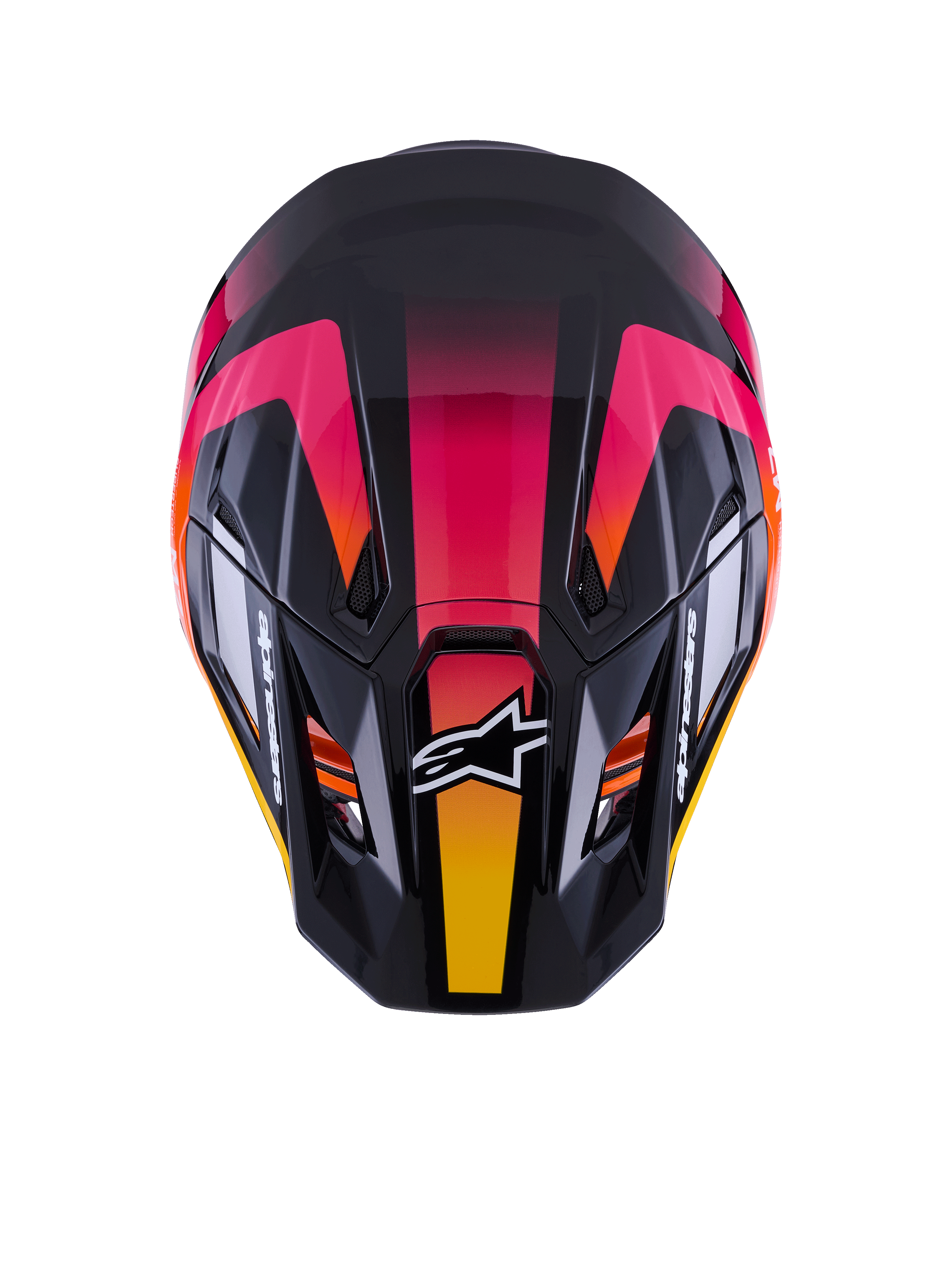 Casco Alpinestars S-M7 Rise ECE 22.06, casco da motocross, nero, rosa e giallo lucido, vista dall'alto che mostra la calotta aerodinamica in materiale composito, vivace design sfumato, prese d'aria e logo Alpinestars bianco sulla parte anteriore