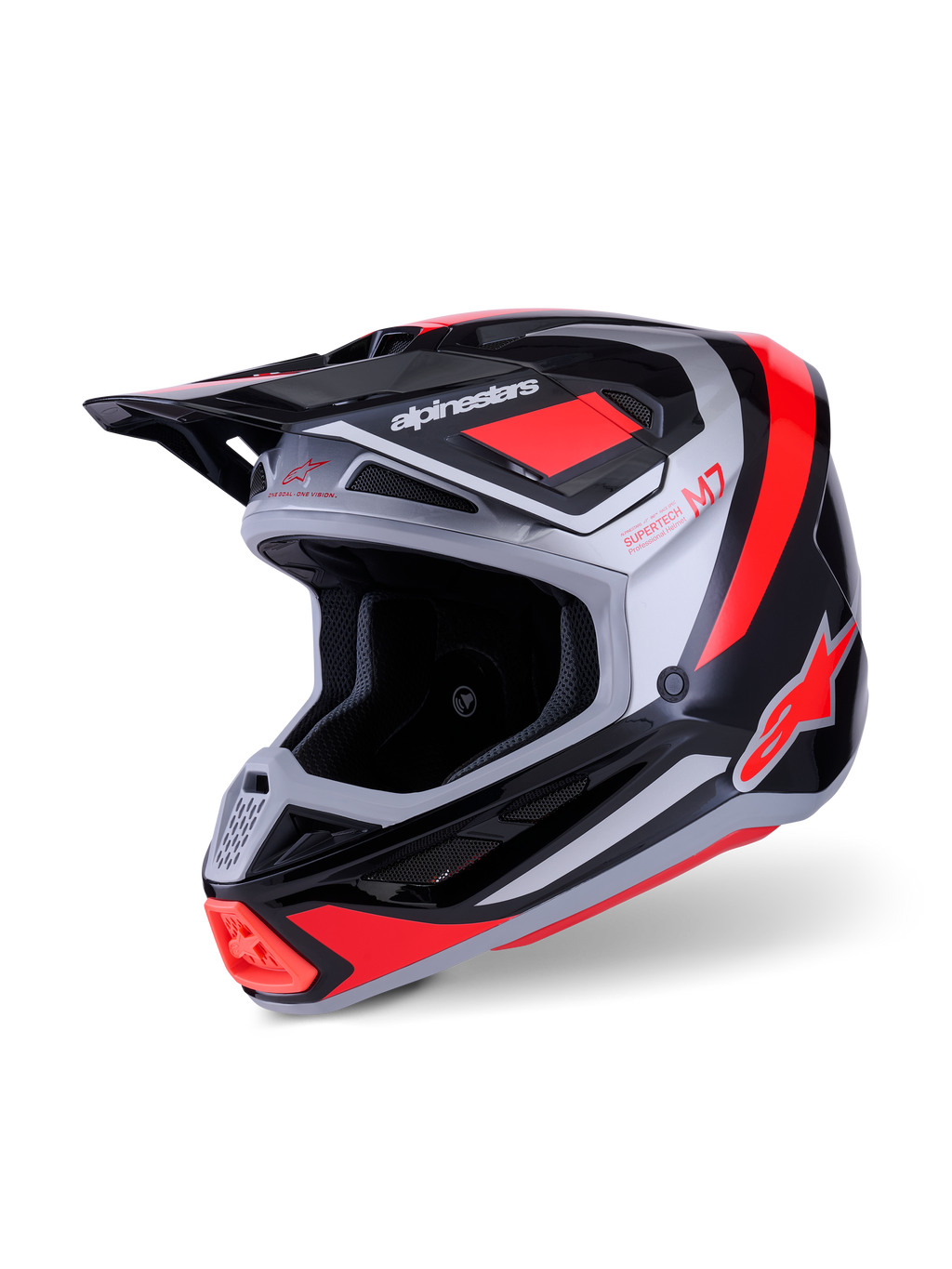Alpinestars Casco S-M7 Rise, casco da motocross, nero, argento e rosso fluo lucido, calotta aerodinamica in materiale composito con diverse prese d'aria, visiera regolabile e loghi iconici per gare fuoristrada