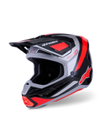 Alpinestars Casco S-M7 Rise, casco da motocross, nero, argento e rosso fluo lucido, calotta aerodinamica in materiale composito con diverse prese d'aria, visiera regolabile e loghi iconici per gare fuoristrada