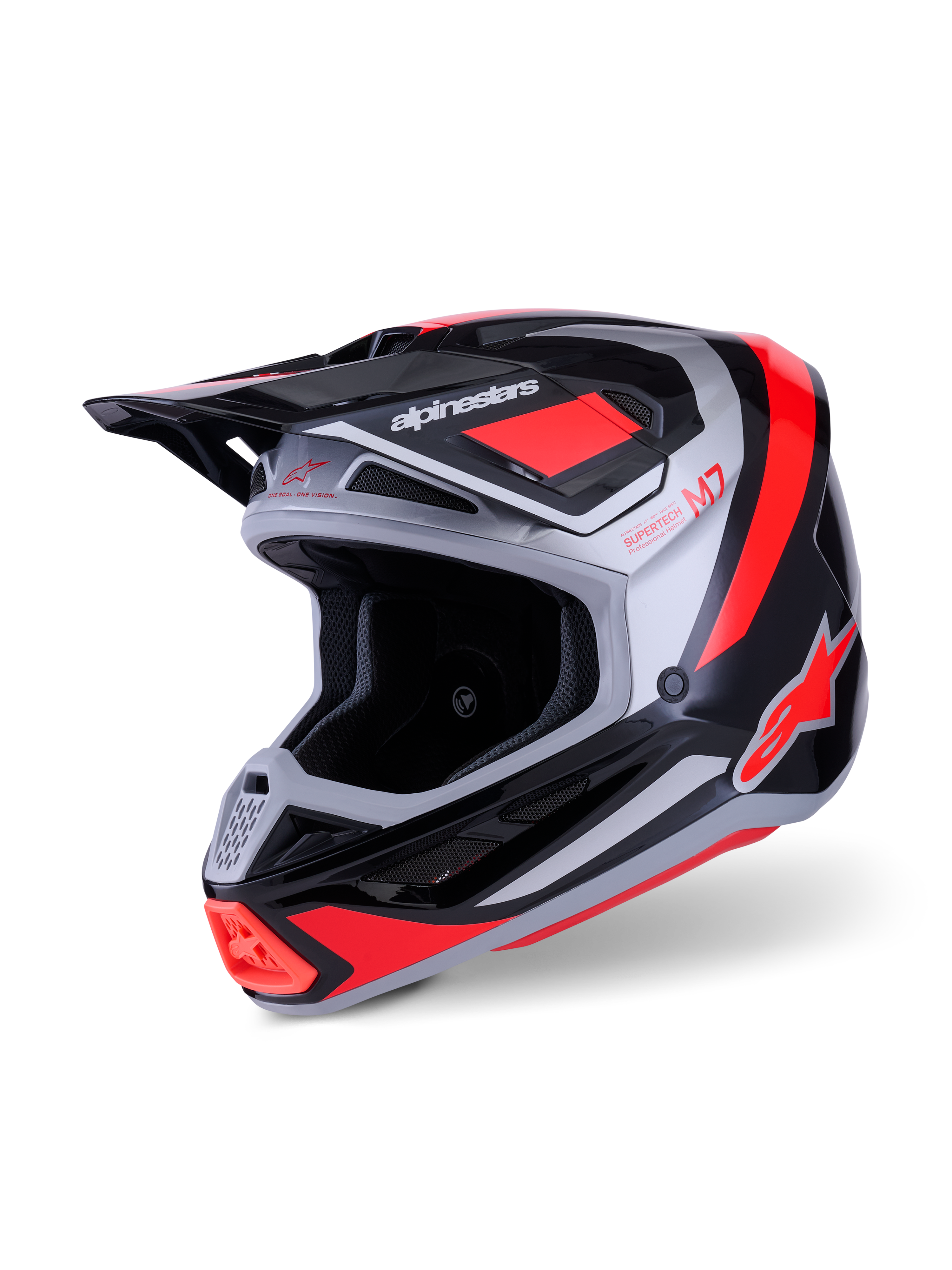 Alpinestars Casco S-M7 Rise, casco da motocross, nero, argento e rosso fluo lucido, calotta aerodinamica in materiale composito con diverse prese d'aria, visiera regolabile e loghi iconici per gare fuoristrada