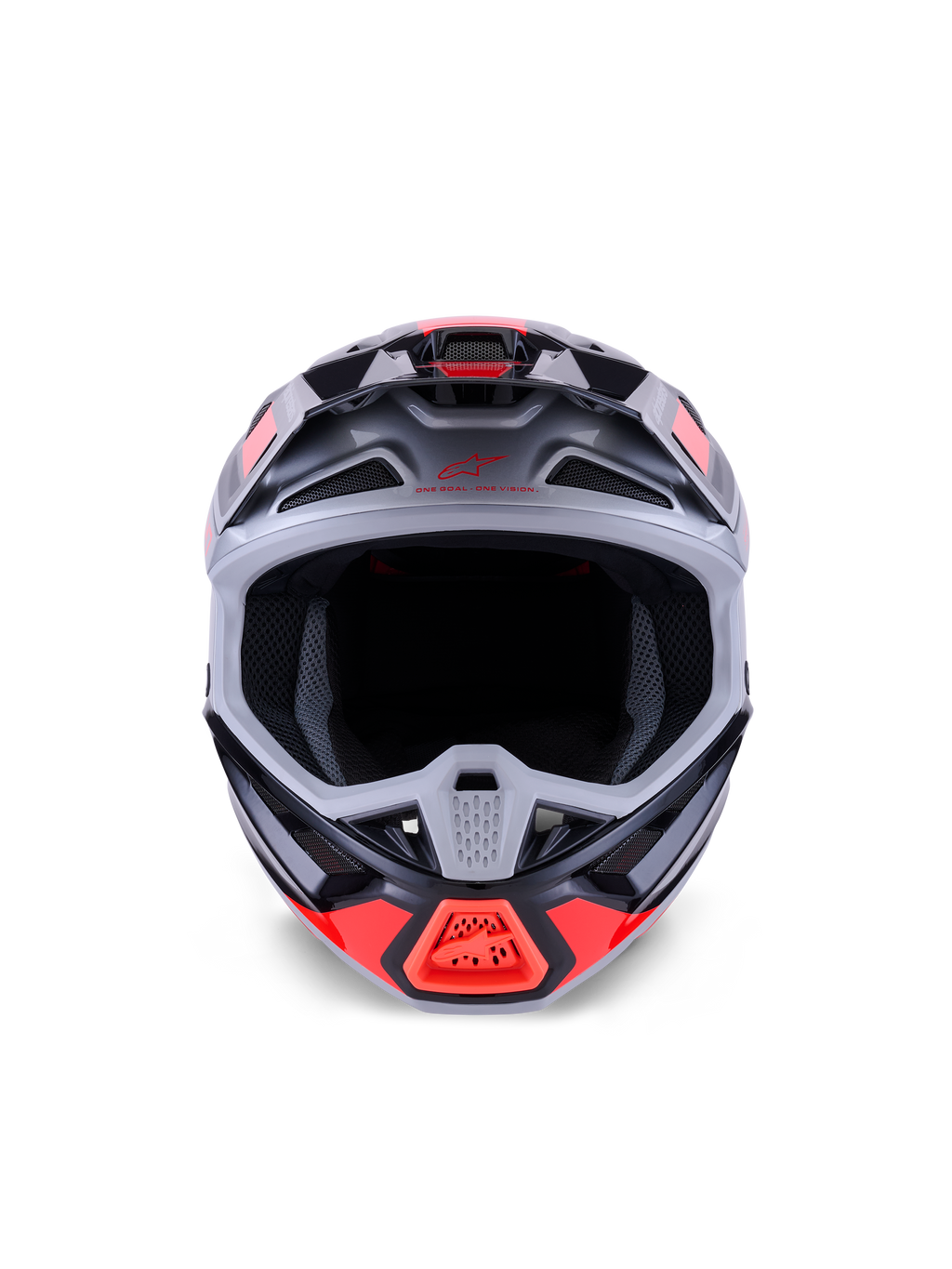 Alpinestars S-M7 Rise Helmet, casco da motocross, nero, argento e rosso fluo lucido, vista frontale che mostra la calotta aerodinamica in materiale composito, prese d'aria multiple e ampia apertura per la maschera, progettato per la protezione nel racing fuoristrada