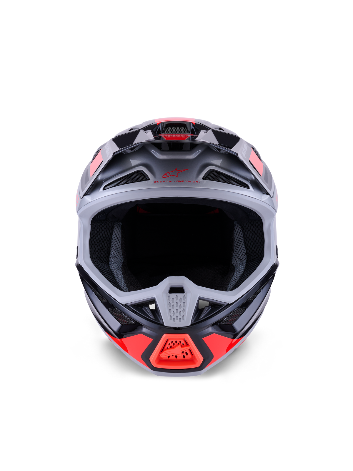 Alpinestars S-M7 Rise Helmet, casco da motocross, nero, argento e rosso fluo lucido, vista frontale che mostra la calotta aerodinamica in materiale composito, prese d'aria multiple e ampia apertura per la maschera, progettato per la protezione nel racing fuoristrada