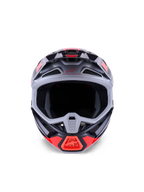 Alpinestars S-M7 Rise Helmet, casco da motocross, nero, argento e rosso fluo lucido, vista frontale che mostra la calotta aerodinamica in materiale composito, prese d'aria multiple e ampia apertura per la maschera, progettato per la protezione nel racing fuoristrada