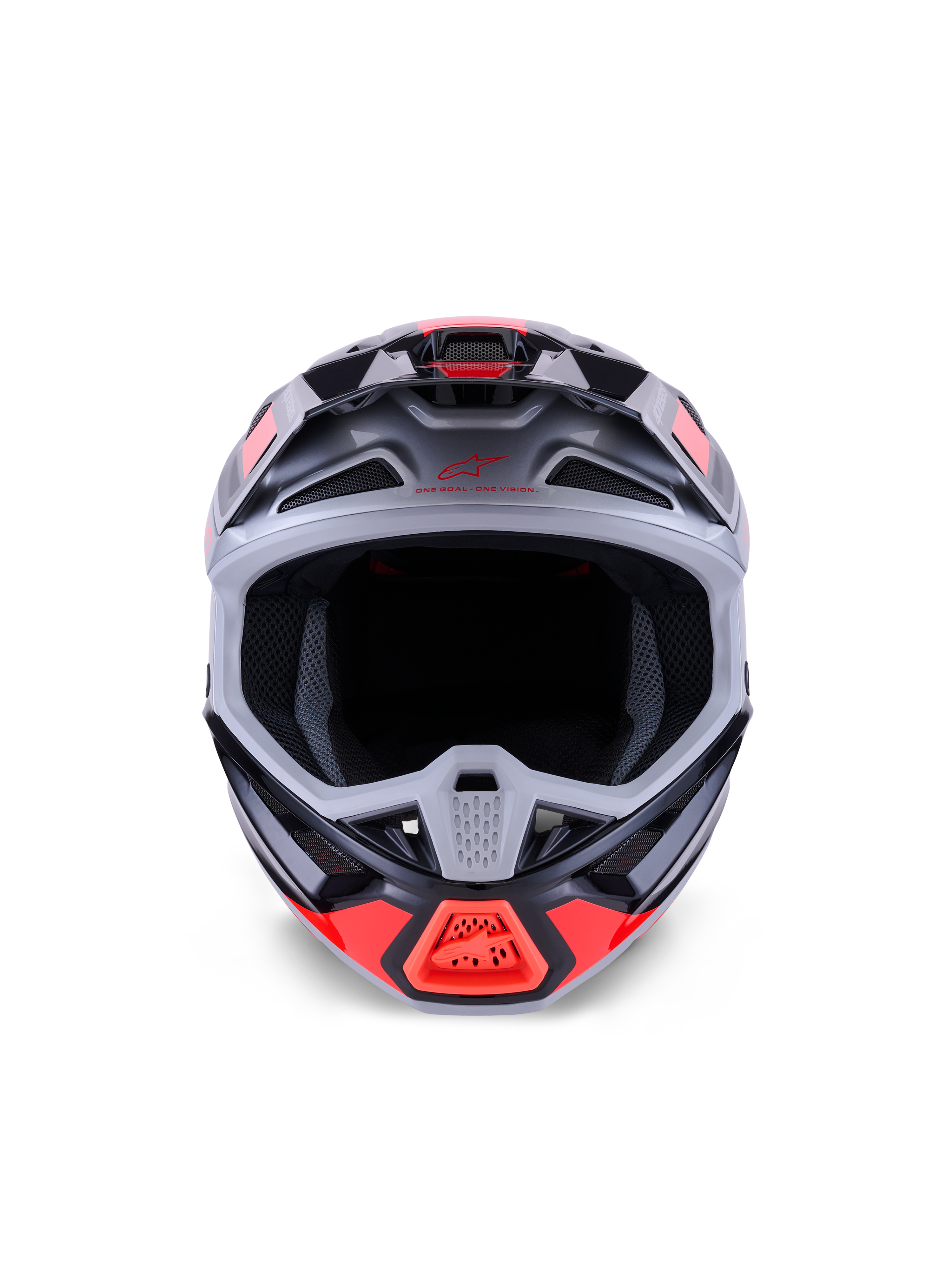 Alpinestars S-M7 Rise Helmet, casco da motocross, nero, argento e rosso fluo lucido, vista frontale che mostra la calotta aerodinamica in materiale composito, prese d'aria multiple e ampia apertura per la maschera, progettato per la protezione nel racing fuoristrada