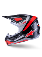 Casco Alpinestars S-M7 Rise, casco da motocross, nero, argento e rosso fluo lucido, vista laterale con calotta aerodinamica in materiale composito, mentoniera ventilata e visiera con logo Alpinestars.