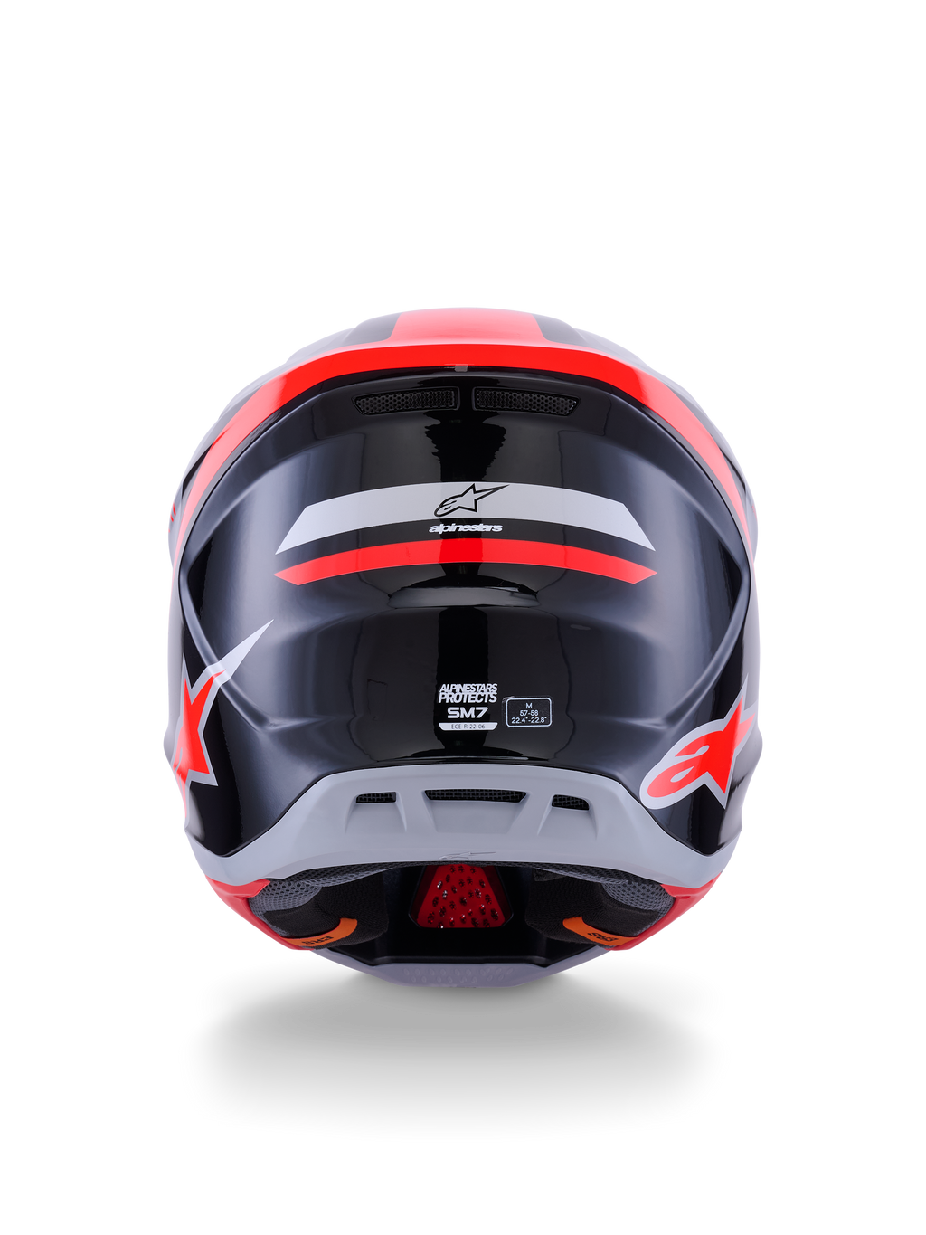 Casco Alpinestars S-M7 Rise ECE 22.06, casco da motocross, vista posteriore, nero, argento e rosso fluo lucido, con logo Alpinestars e branding S-M7, finitura lucida con calotta aerodinamica e dettagli di ventilazione