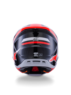 Casco Alpinestars S-M7 Rise ECE 22.06, casco da motocross, vista posteriore, nero, argento e rosso fluo lucido, con logo Alpinestars e branding S-M7, finitura lucida con calotta aerodinamica e dettagli di ventilazione