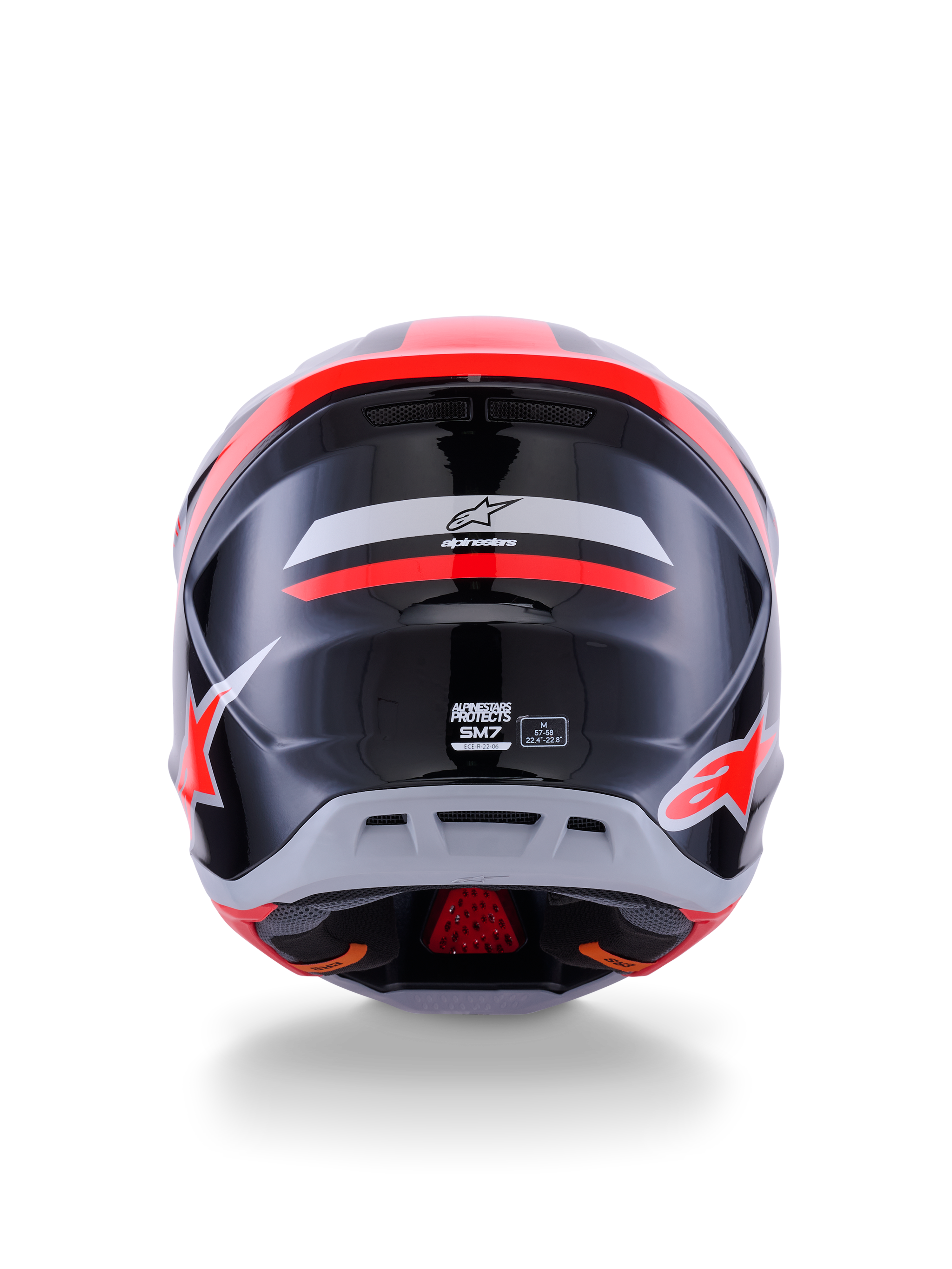 Casco Alpinestars S-M7 Rise ECE 22.06, casco da motocross, vista posteriore, nero, argento e rosso fluo lucido, con logo Alpinestars e branding S-M7, finitura lucida con calotta aerodinamica e dettagli di ventilazione