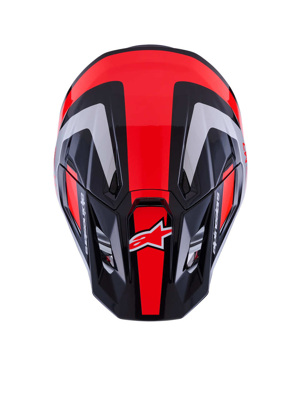 Alpinestars S-M7 Rise Helmet ECE 22.06, casco da motocross, nero, argento e rosso fluo lucido, vista dall'alto che mostra la calotta aerodinamica con prese d'aria, strisce rosse fluorescenti e logo Alpinestars, attrezzatura professionale per gare fuoristrada