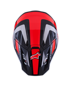 Alpinestars S-M7 Rise Helmet ECE 22.06, casco da motocross, nero, argento e rosso fluo lucido, vista dall'alto che mostra la calotta aerodinamica con prese d'aria, strisce rosse fluorescenti e logo Alpinestars, attrezzatura professionale per gare fuoristrada