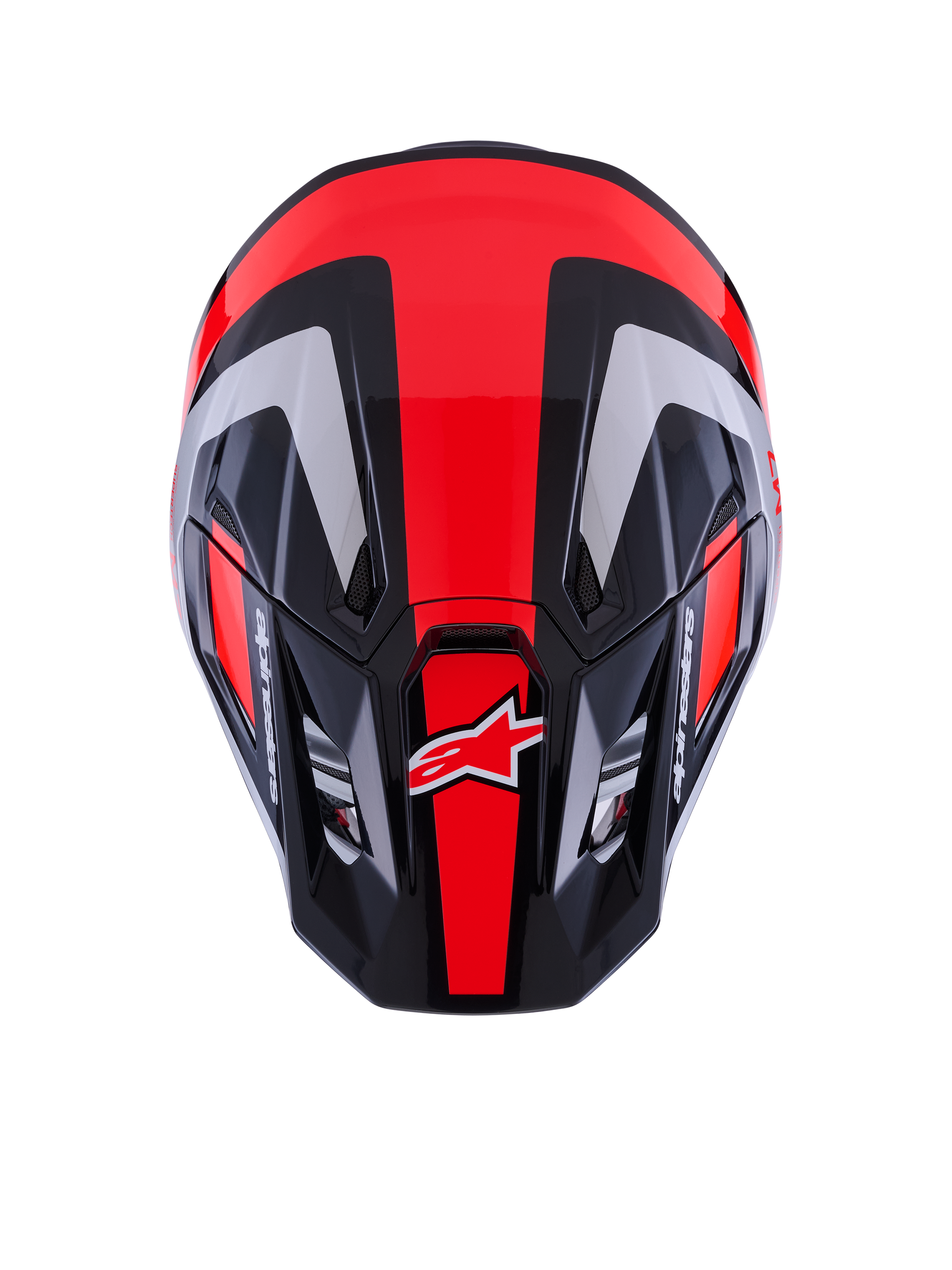 Alpinestars S-M7 Rise Helmet ECE 22.06, casco da motocross, nero, argento e rosso fluo lucido, vista dall'alto che mostra la calotta aerodinamica con prese d'aria, strisce rosse fluorescenti e logo Alpinestars, attrezzatura professionale per gare fuoristrada