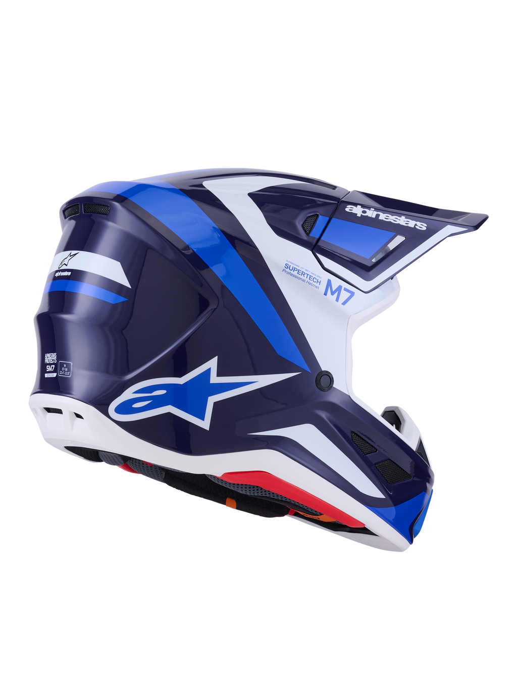 Casco Alpinestars S-M7 Rise, casco da motocross, blu e bianco lucido, grafica blu navy e azzurro con accenti bianchi, loghi Alpinestars sul lato e sul retro, calotta dal design aerodinamico con prese d'aria, equipaggiamento professionale per gare fuoristrada