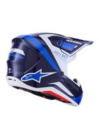 Casco Alpinestars S-M7 Rise, casco da motocross, blu e bianco lucido, grafica blu navy e azzurro con accenti bianchi, loghi Alpinestars sul lato e sul retro, calotta dal design aerodinamico con prese d'aria, equipaggiamento professionale per gare fuoristrada