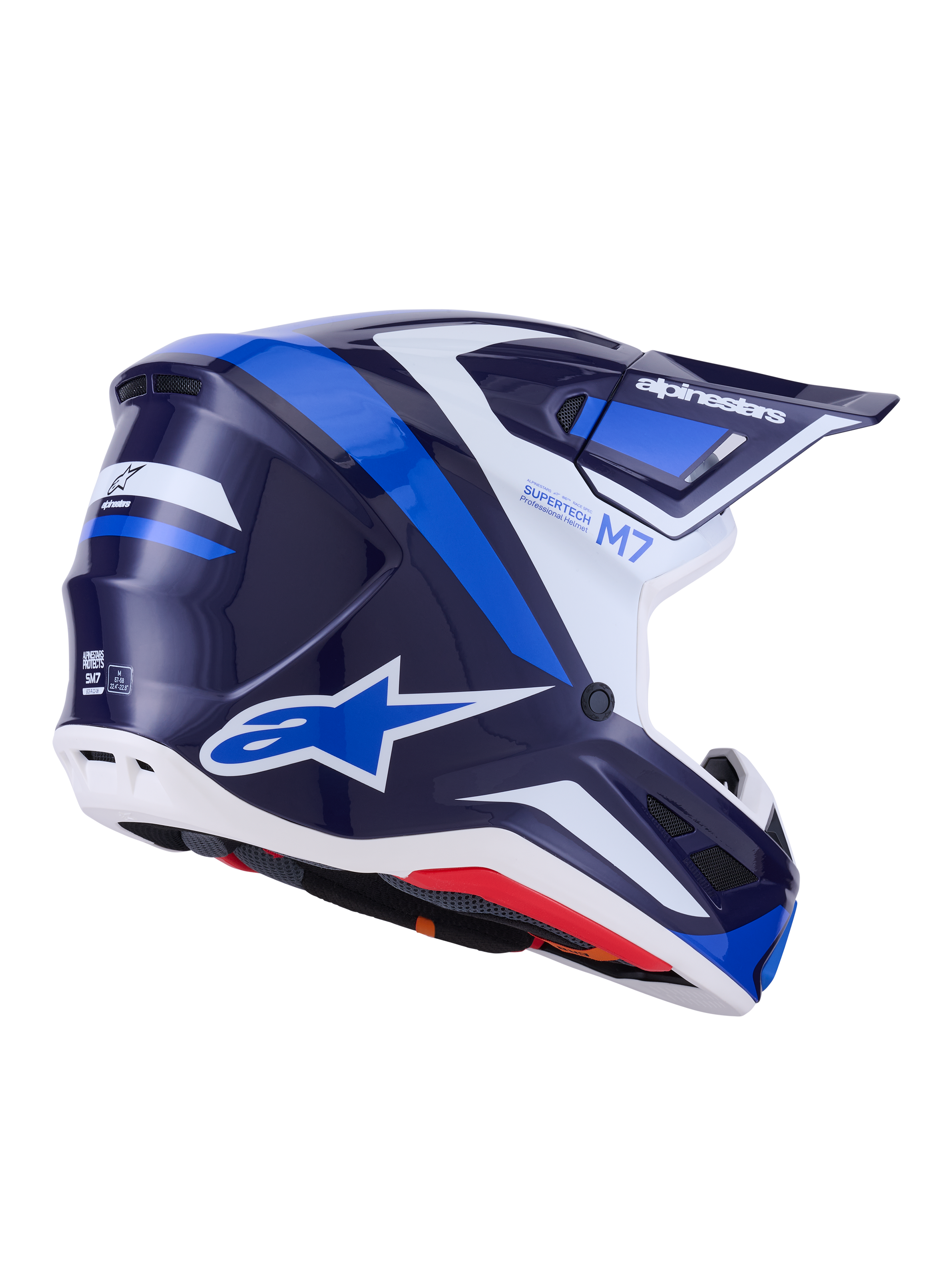 Casco Alpinestars S-M7 Rise, casco da motocross, blu e bianco lucido, grafica blu navy e azzurro con accenti bianchi, loghi Alpinestars sul lato e sul retro, calotta dal design aerodinamico con prese d'aria, equipaggiamento professionale per gare fuoristrada