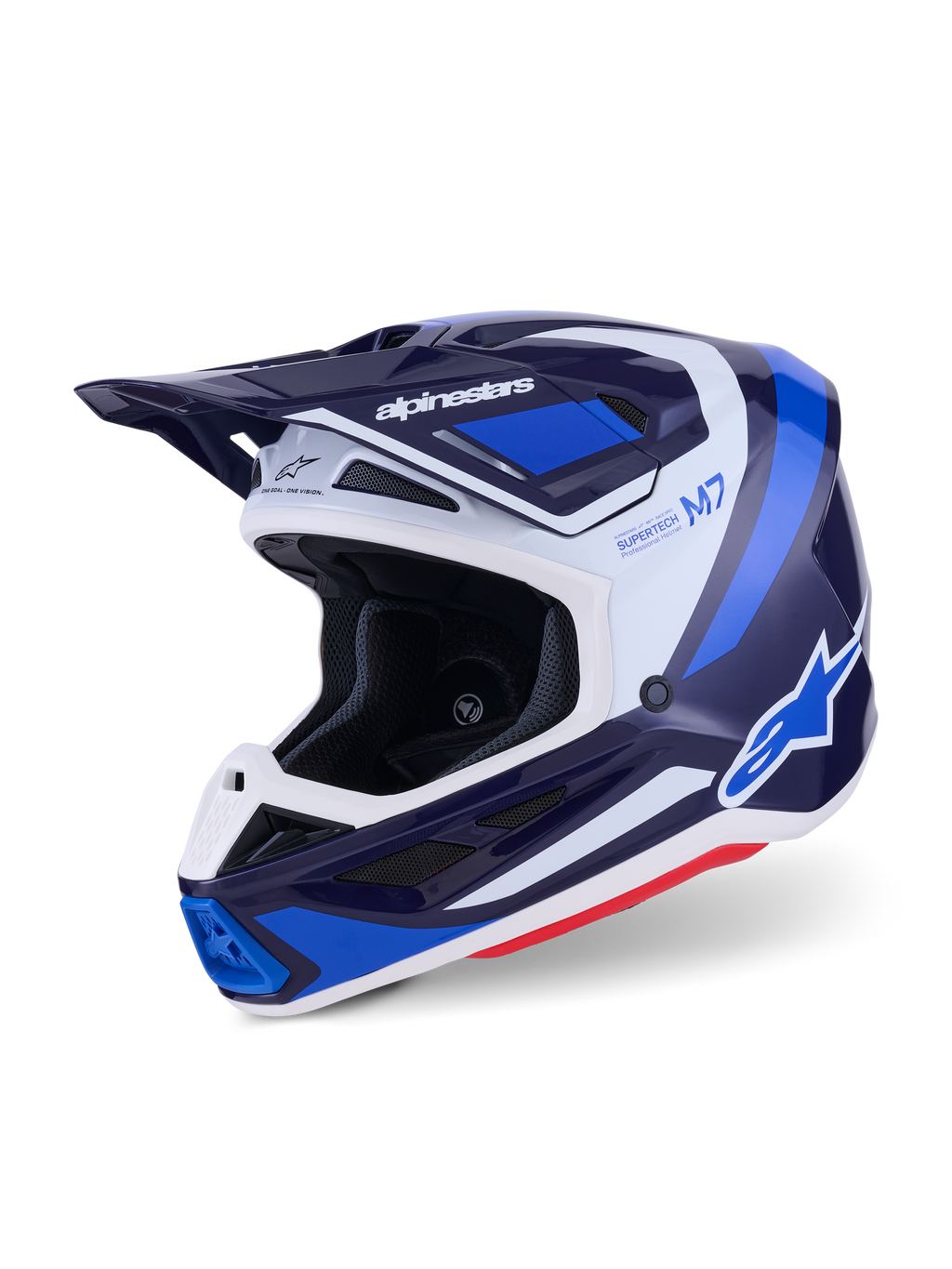 Casco da motocross Alpinestars S-M7 Rise, blu e bianco lucido, vista a tre quarti della calotta aerodinamica con visiera integrata e diverse porte di ventilazione, accenti grafici bianchi e blu e logo in evidenza, equipaggiamento da gara fuoristrada ad alte prestazioni