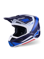 Casco da motocross Alpinestars S-M7 Rise, blu e bianco lucido, vista a tre quarti della calotta aerodinamica con visiera integrata e diverse porte di ventilazione, accenti grafici bianchi e blu e logo in evidenza, equipaggiamento da gara fuoristrada ad alte prestazioni