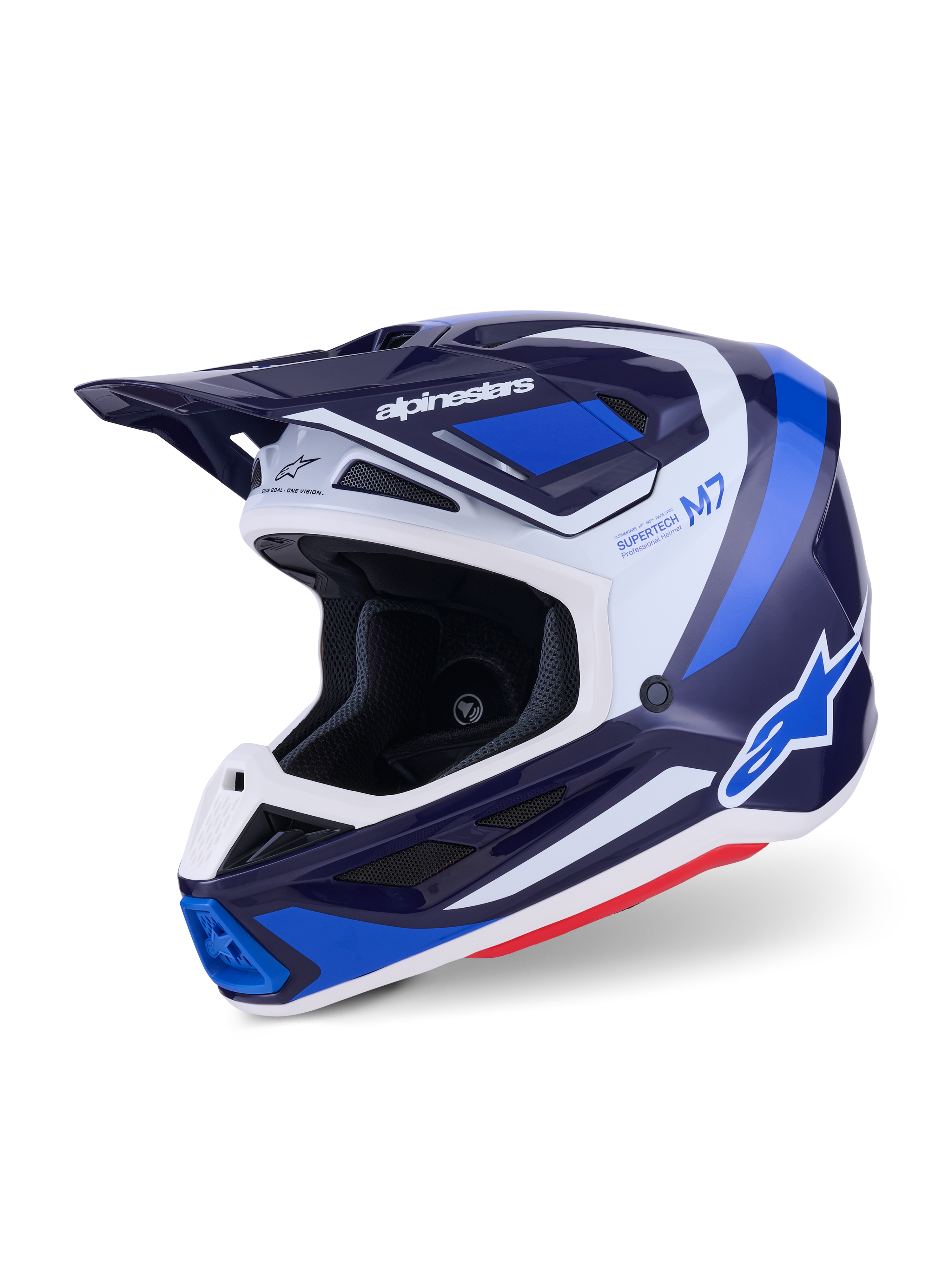 Casco da motocross Alpinestars S-M7 Rise, blu e bianco lucido, vista a tre quarti della calotta aerodinamica con visiera integrata e diverse porte di ventilazione, accenti grafici bianchi e blu e logo in evidenza, equipaggiamento da gara fuoristrada ad alte prestazioni