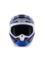 Casco Alpinestars S-M7 Rise, Blue White Glossy, vista frontale, casco da motocross off-road con numerose porte di ventilazione, logo Alpinestars sulla fronte, design aerodinamico della calotta in materiale composito
