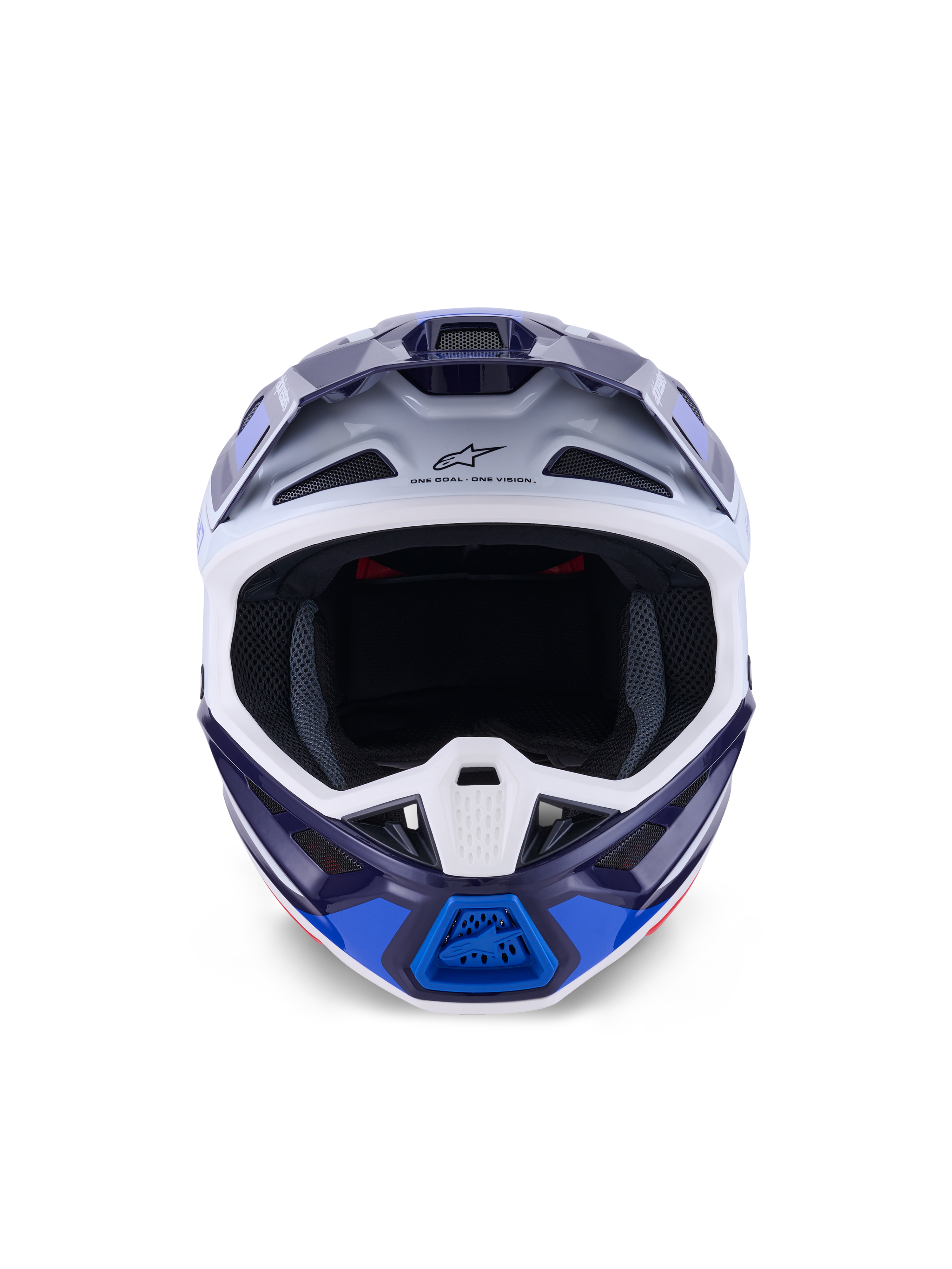Casco Alpinestars S-M7 Rise, Blue White Glossy, vista frontale, casco da motocross off-road con numerose porte di ventilazione, logo Alpinestars sulla fronte, design aerodinamico della calotta in materiale composito